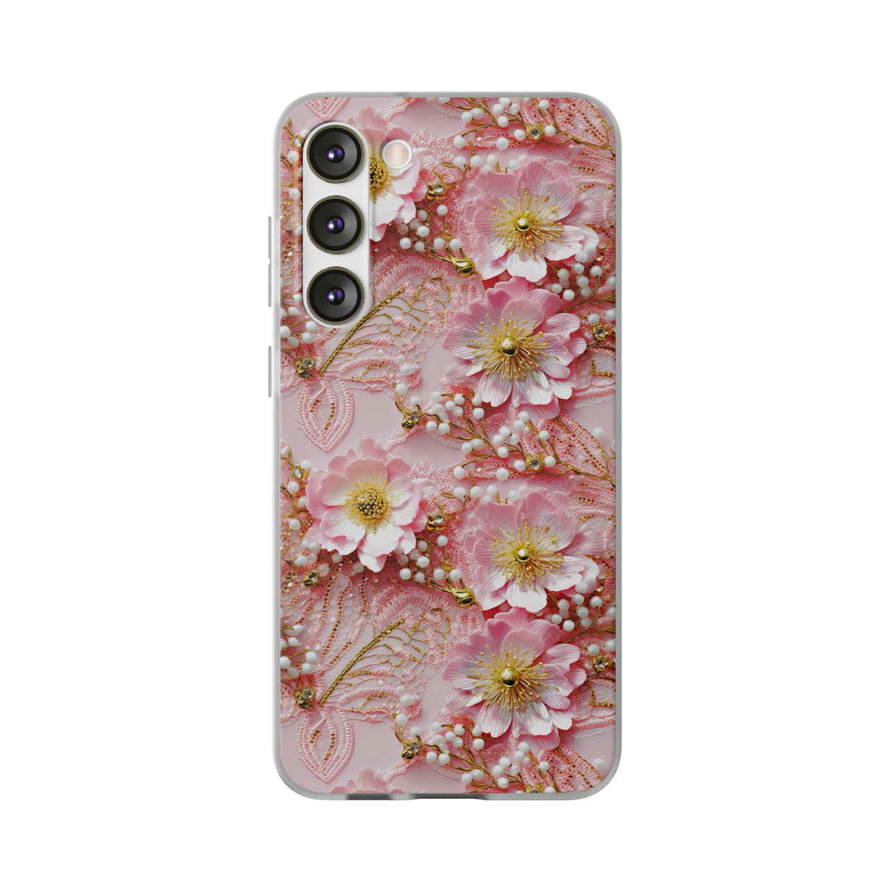 Gold-Kissed Flowers on Pink Lace - Flexi Cases for Samsung Galaxy S23, Samsung Galaxy S23 Plus, & Samsung Galaxy S23 Ultra