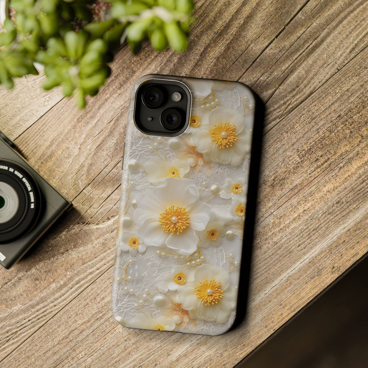 White and Yellow Floral - MagSafe Tough Case for iPhone 15, iPhone 15 Pro, iPhone 15 Plus, & iPhone 15 Pro Max