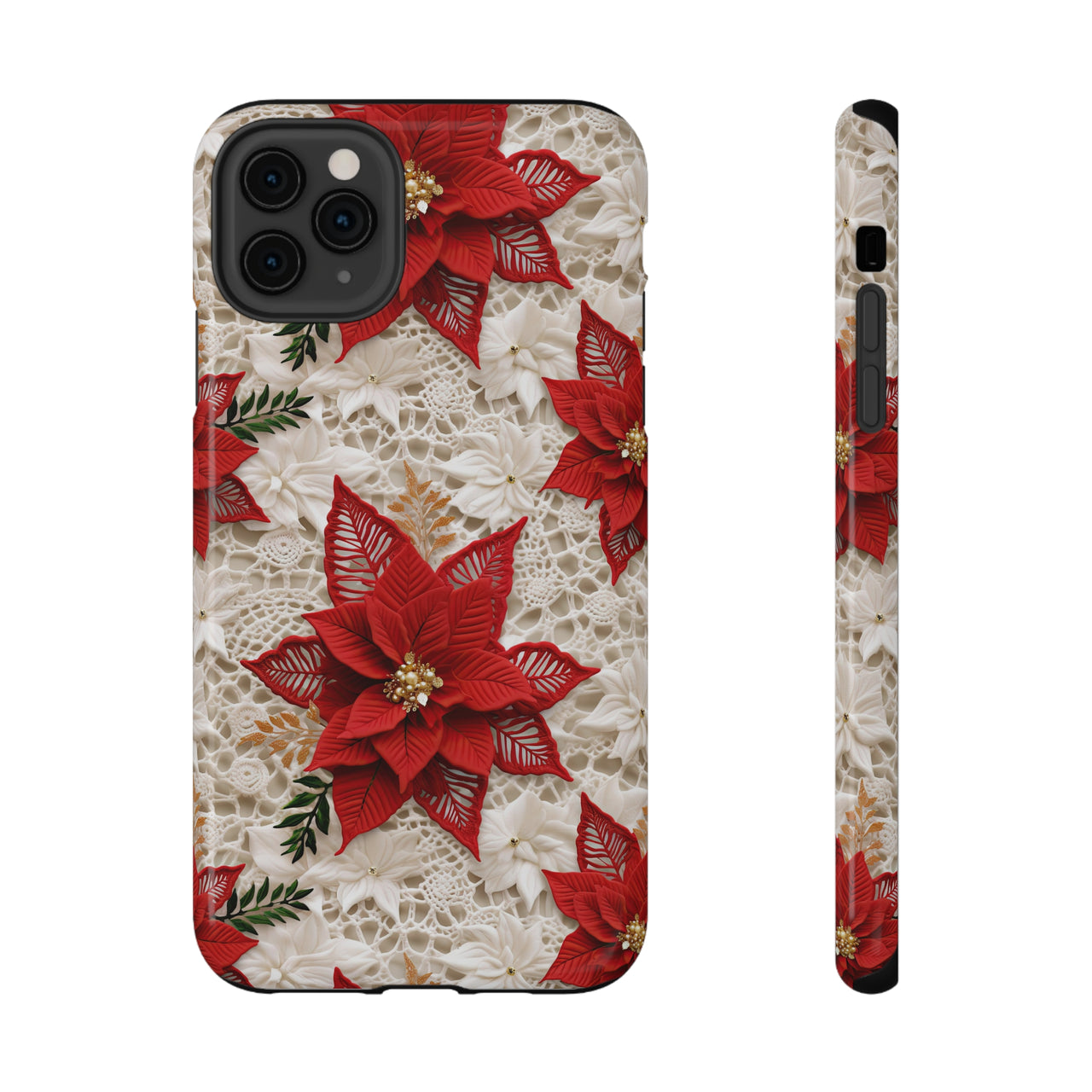 Christmas Poinsettia Impact-Resistant Cases for iPhone 11, iPhone 11 Pro, and iPhone 11 Pro Max. Supports Wireless Charging.