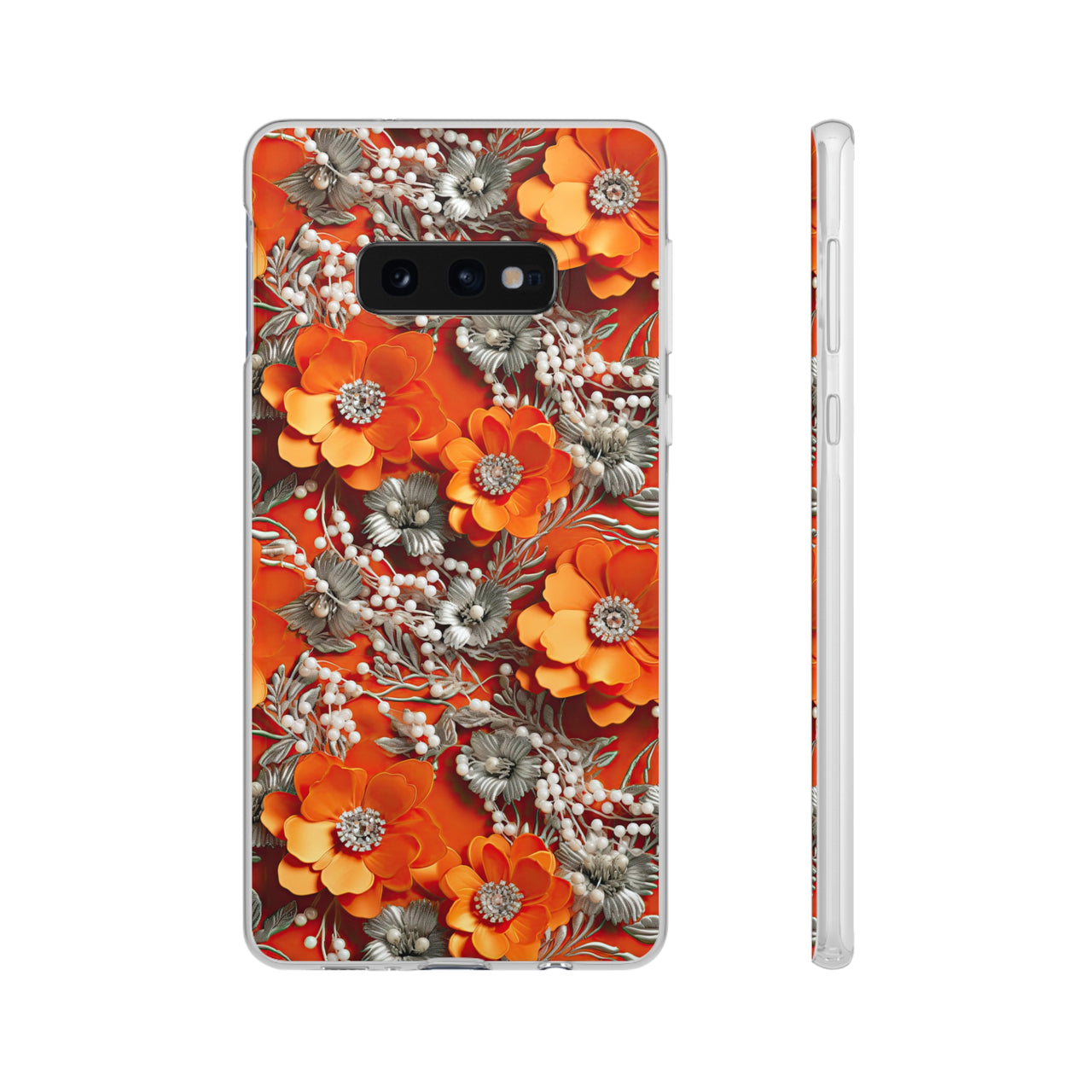 Orange Petals in Silver Tapestry - Flexi Cases for Samsung Galaxy S10, Samsung Galaxy S10E, & Samsung Galaxy S10 Plus