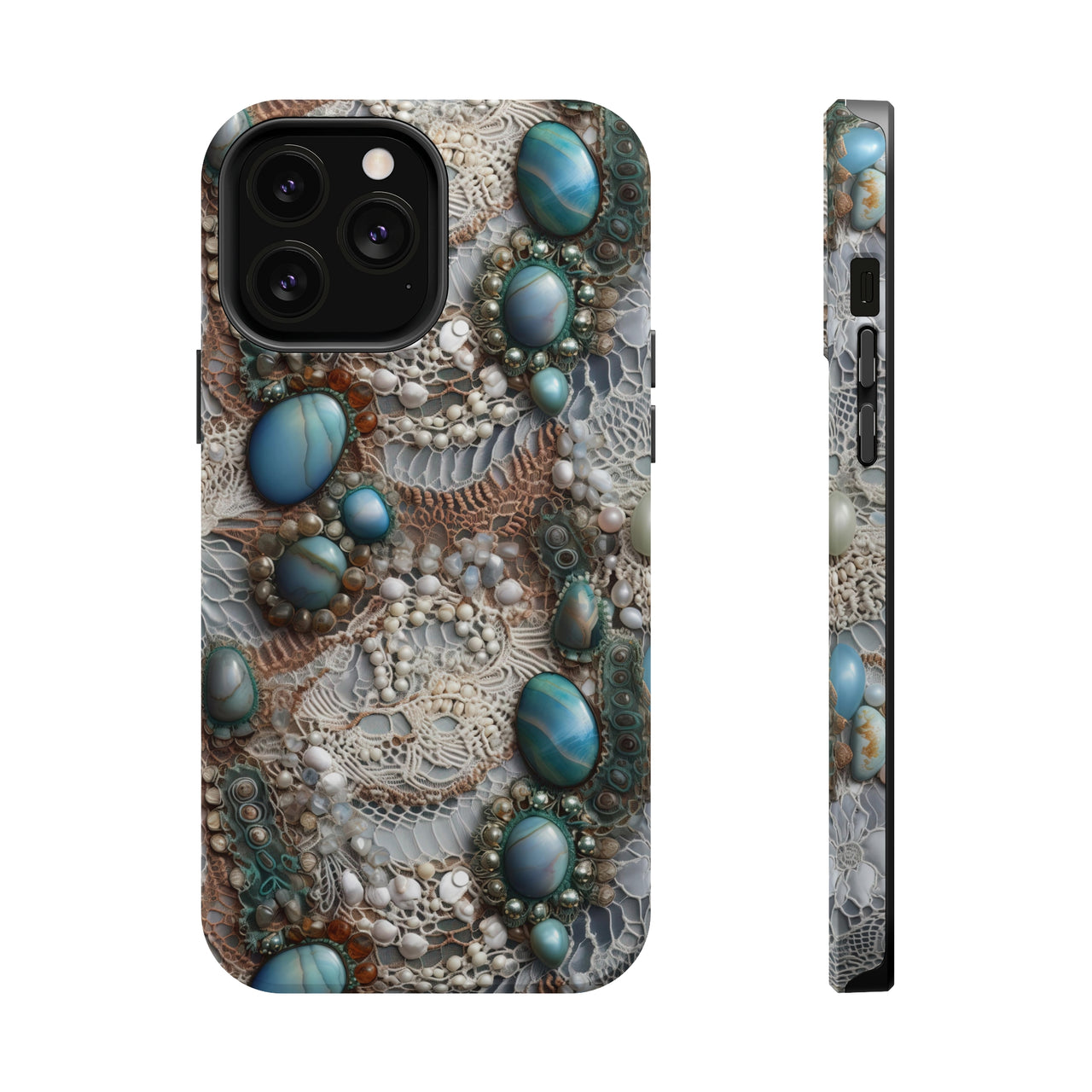 Boho Agate and Lace MagSafe Tough Cases for iPhone 13, iPhone 13 Mini, iPhone 13 Pro, and iPhone 13 Pro Max.