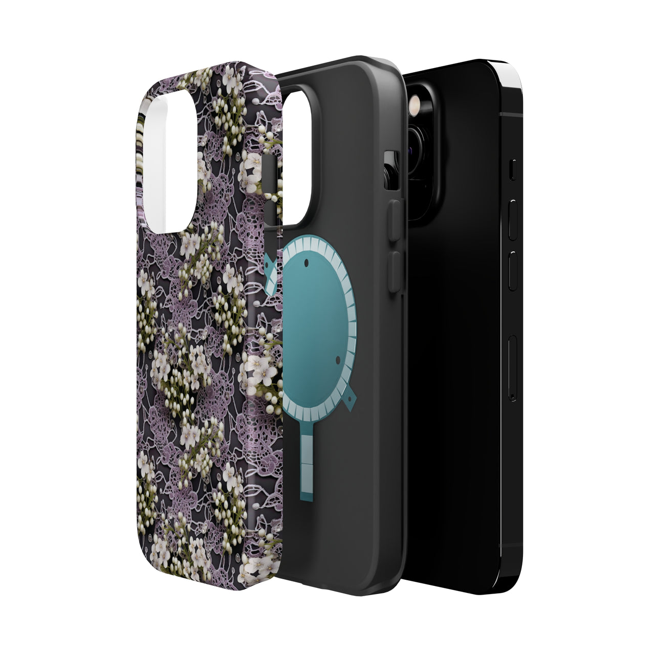 White Flowers on a Purple Bed - MagSafe Tough Cases for iPhone 14, iPhone 14 Pro, iPhone 14 Plus, and iPhone 14 Pro Max