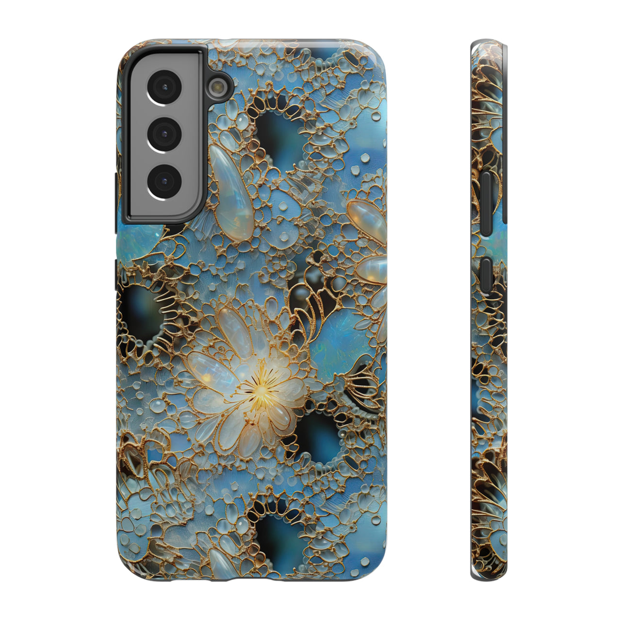 Gemstones and Gold Lace Impact-Resistant Cases for Samsung Galaxy S22, Samsung Galaxy S22 Plus, and Samsung Galaxy S22 Ultra. Supports Wireless Charging.