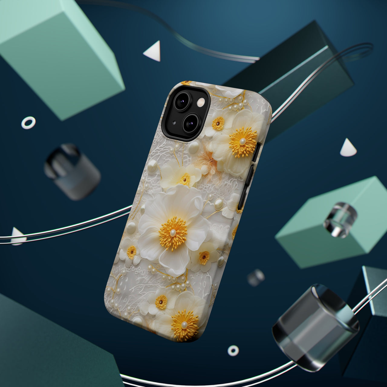 Yellow and White Floral MagSafe Tough Cases for iPhone 14, iPhone 14 Pro, iPhone 14 Plus, and iPhone 14 Pro Max