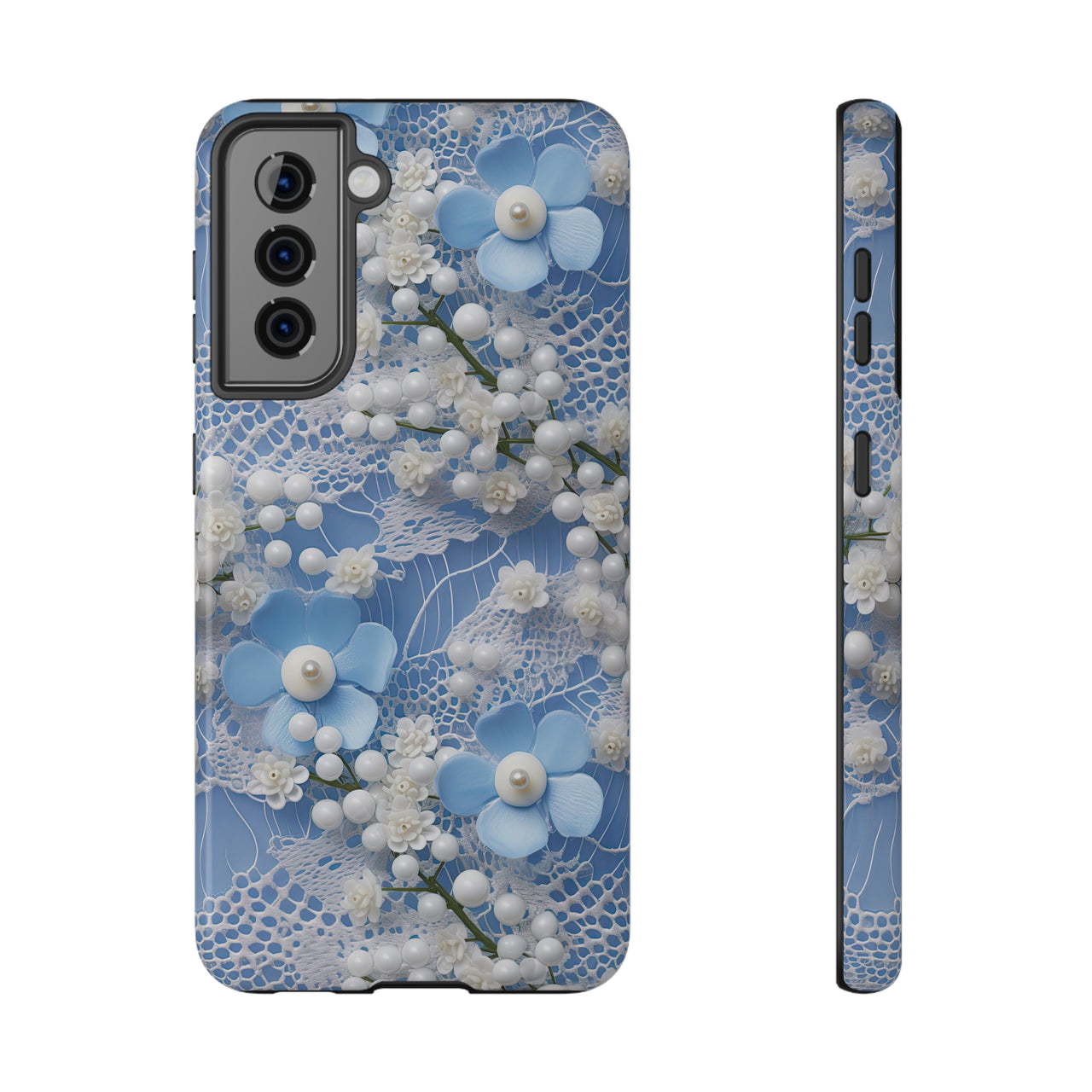 Pearls and Lace on Baby Blue - Impact-Resistant Case for Samsung Galaxy S21, Samsung Galaxy S21 Plus, and Samsung Galaxy S21 Ultra. Supports Wireless Charging.