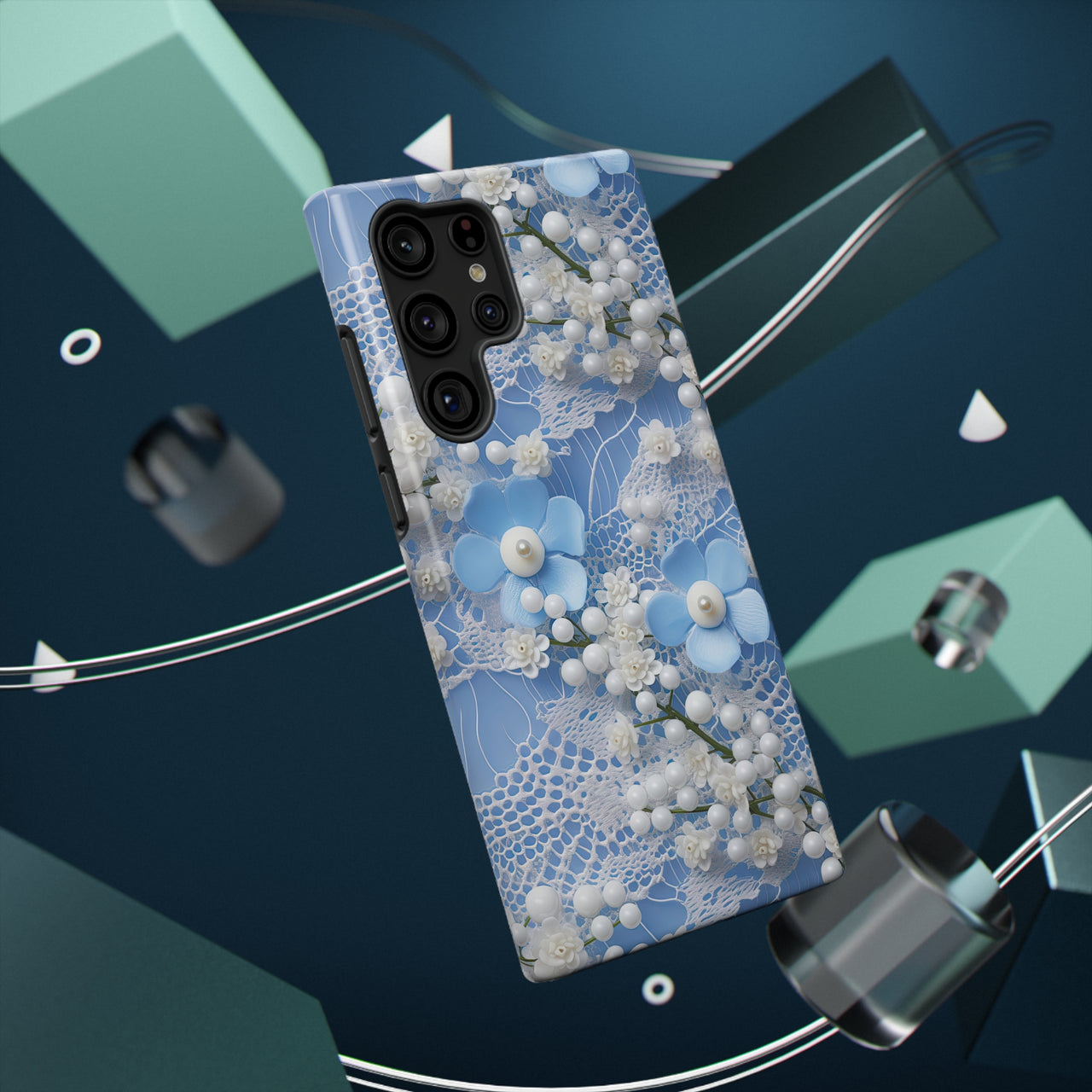 Pearls and Lace on Baby Blue - Impact-Resistant Case for Samsung Galaxy S22, Samsung Galaxy S22 Plus, and Samsung Galaxy S22 Ultra. Supports Wireless Charging.