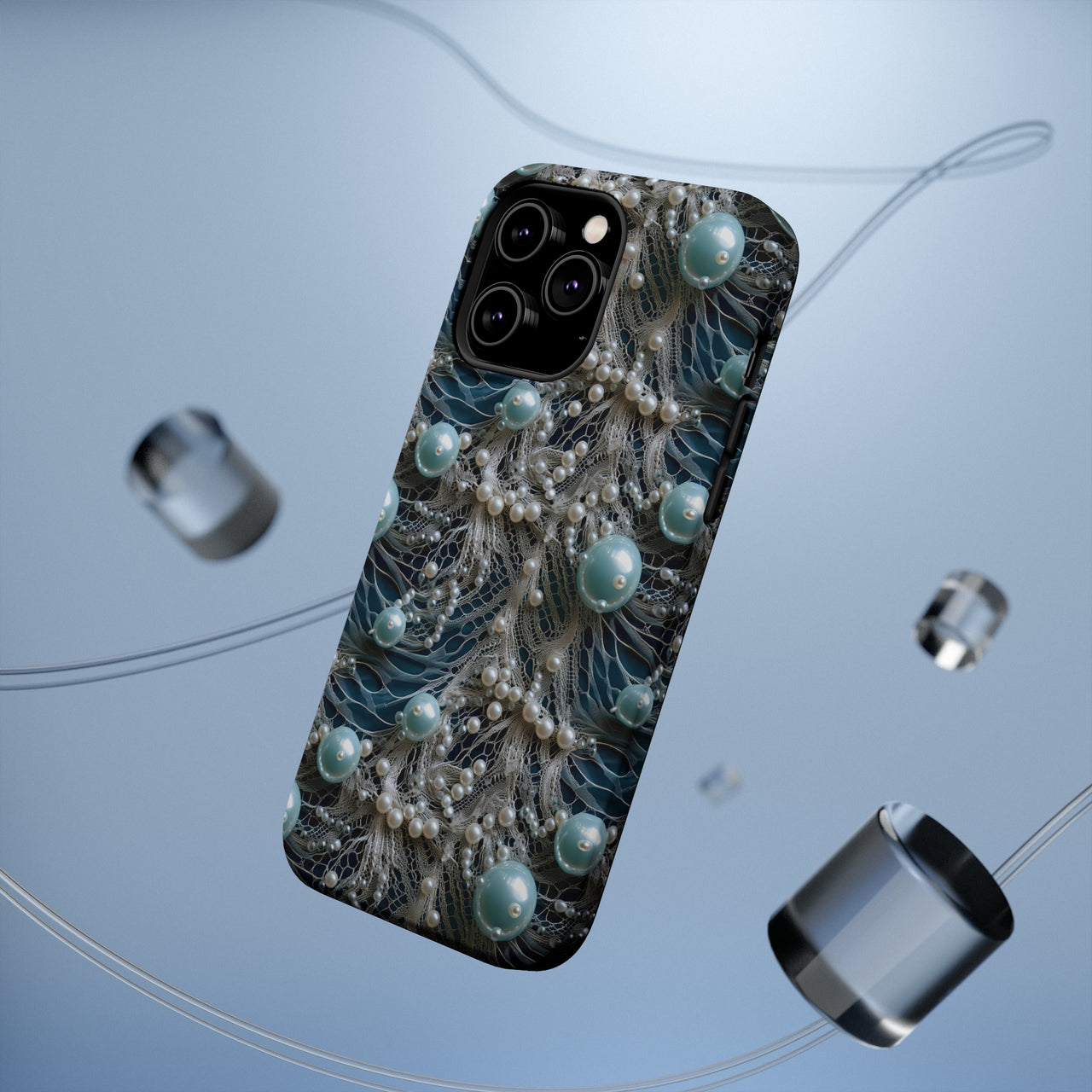 Sea Foam Lace and Pearls MagSafe Tough Cases for iPhone 14, iPhone 14 Pro, iPhone 14 Plus, and iPhone 14 Pro Max