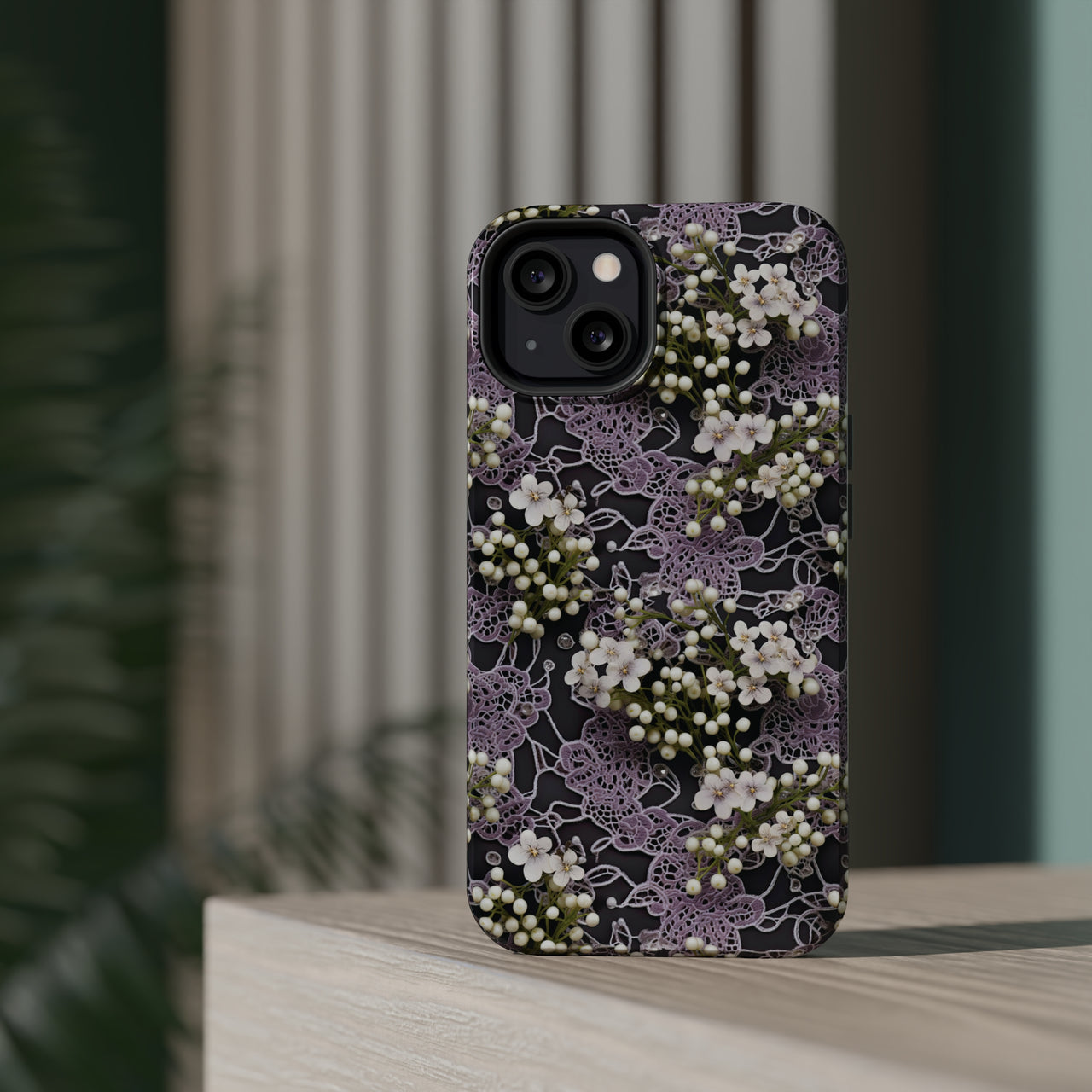 White Flowers on a Purple Bed - MagSafe Tough Cases for iPhone 13, iPhone 13 Mini, iPhone 13 Pro, and iPhone 13 Pro Max.