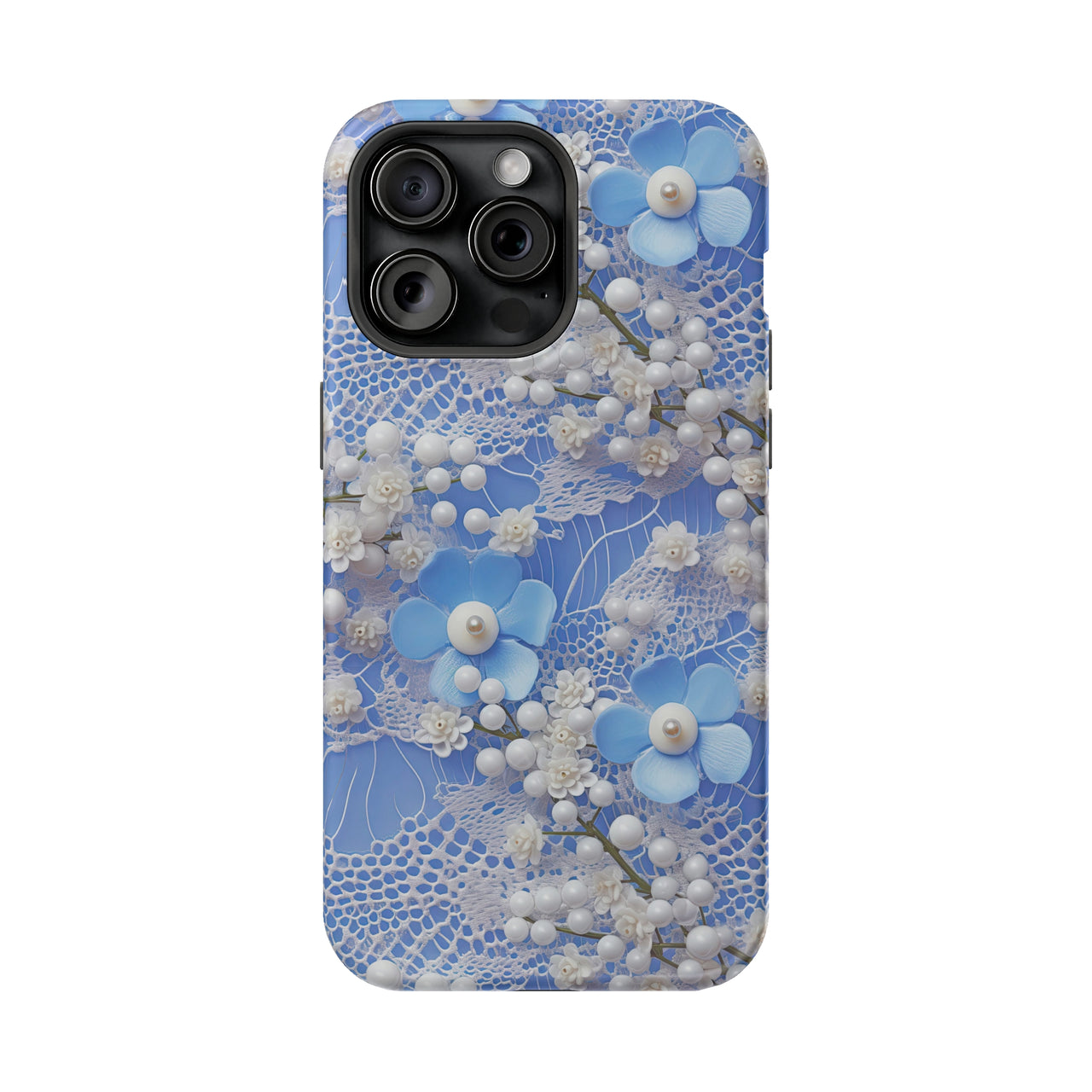 Pearls and Lace on Baby Blue - MagSafe Tough Case for iPhone 15, iPhone 15 Pro, iPhone 15 Plus, & iPhone 15 Pro Max