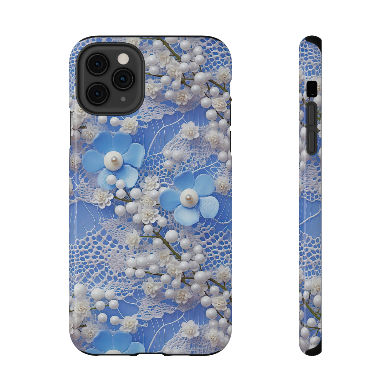 Pearls and Lace on Baby Blue - Impact-Resistant Cases for iPhone 11, iPhone 11 Pro, and iPhone 11 Pro Max. Supports Wireless Charging.