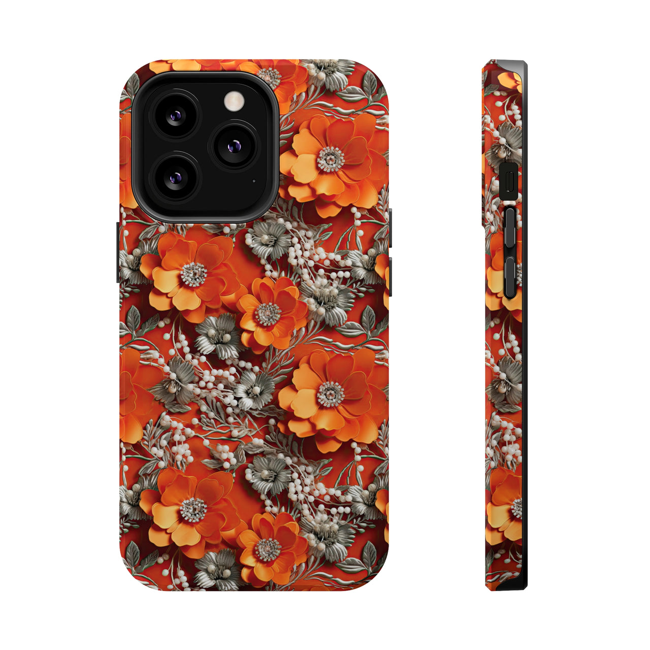 Orange Petals in Silver Tapestry MagSafe Tough Cases for iPhone 13, iPhone 13 Mini, iPhone 13 Pro, and iPhone 13 Pro Max.