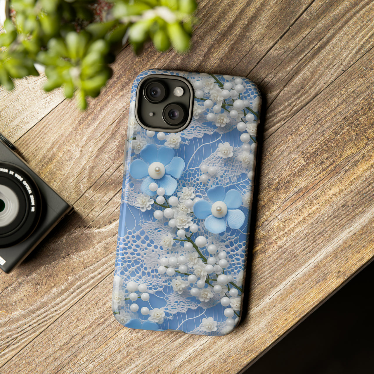 Pearls and Lace on Baby Blue - Tough Case for iPhone 15, iPhone 15 Pro, iPhone 15 Plus, and iPhone 15 Pro Max