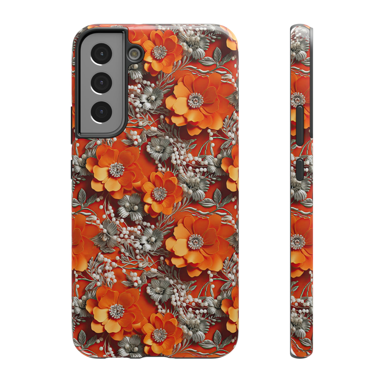 Orange Petals in Silver Tapestry Impact-Resistant Case for Samsung Galaxy S22, Samsung Galaxy S22 Plus, and Samsung Galaxy S22 Ultra. Supports Wireless Charging.