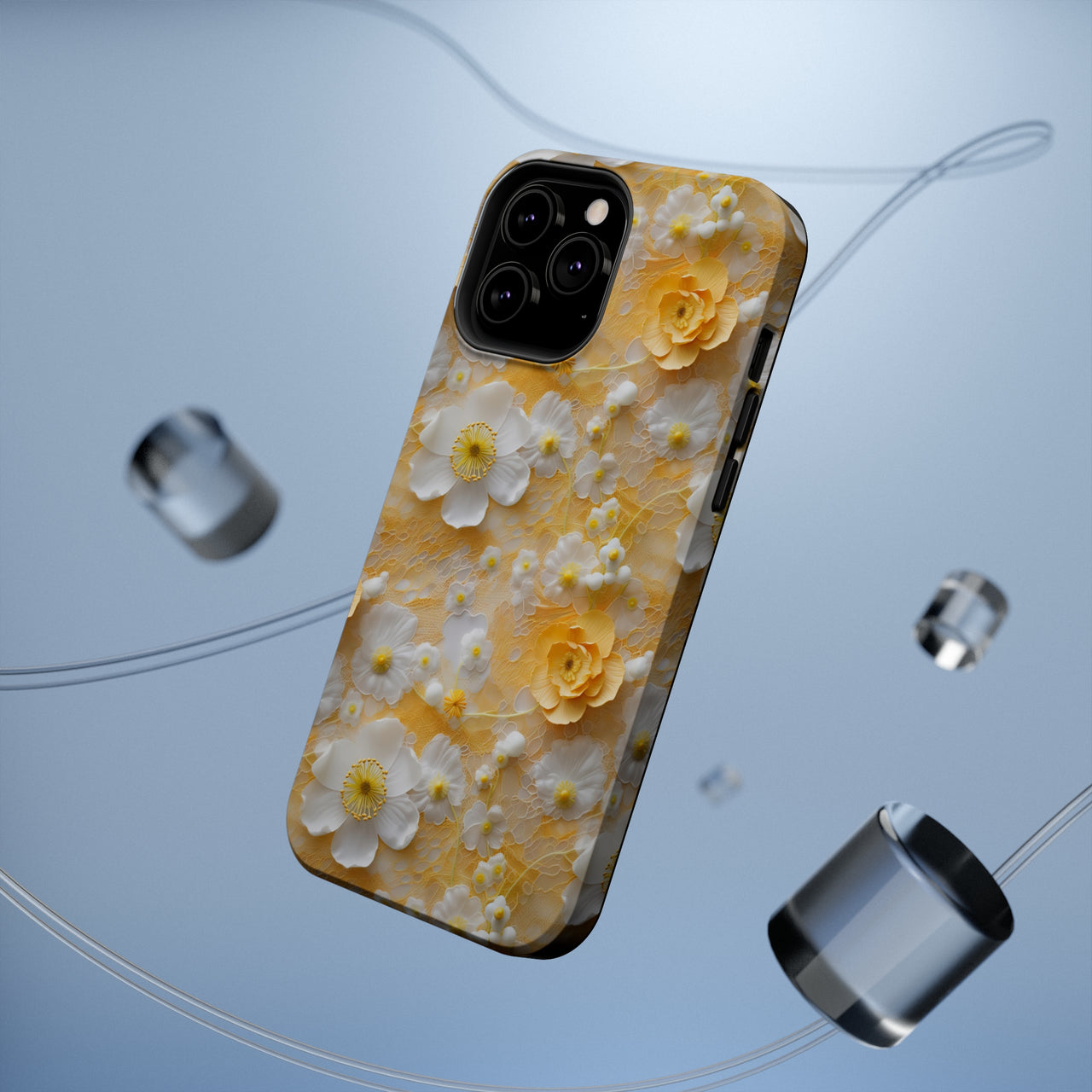 Yellow Floral MagSafe Tough Cases for iPhone 13, iPhone 13 Mini, iPhone 13 Pro, and iPhone 13 Pro Max.