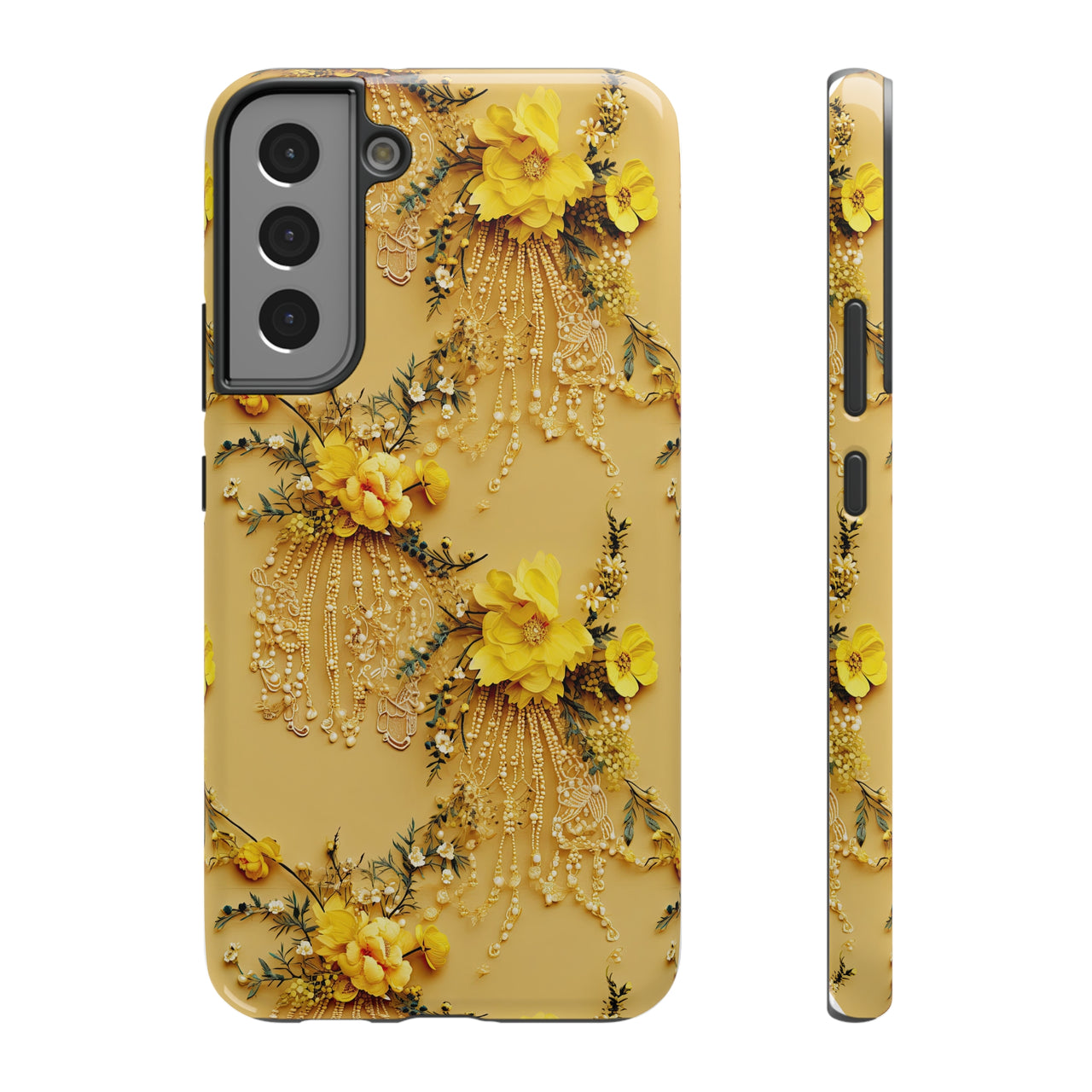 Floral Sunshine Impact-Resistant Case for Samsung Galaxy S22, Samsung Galaxy S22 Plus, and Samsung Galaxy S22 Ultra. Supports Wireless Charging.