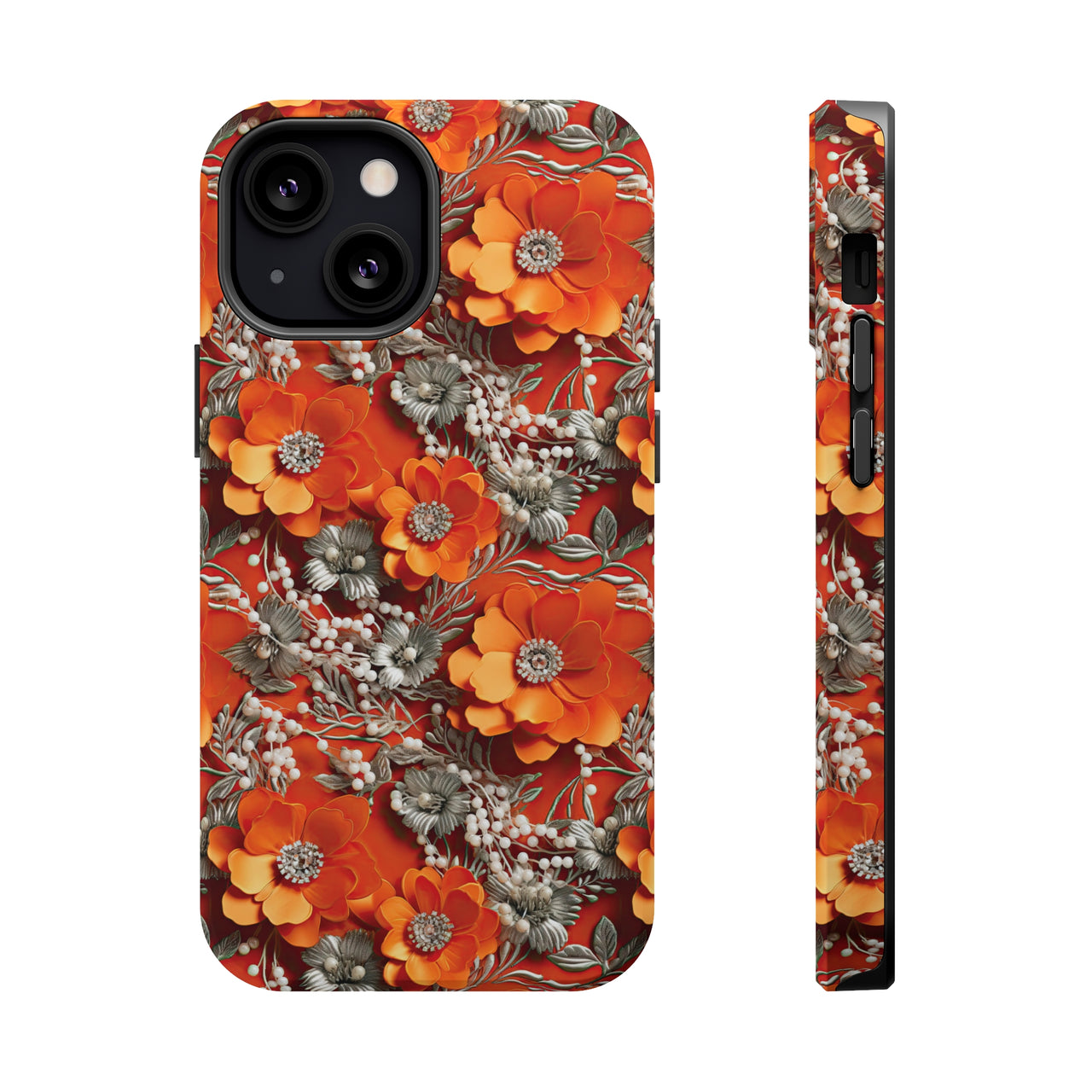 Orange Petals in Silver Tapestry MagSafe Tough Cases for iPhone 13, iPhone 13 Mini, iPhone 13 Pro, and iPhone 13 Pro Max.