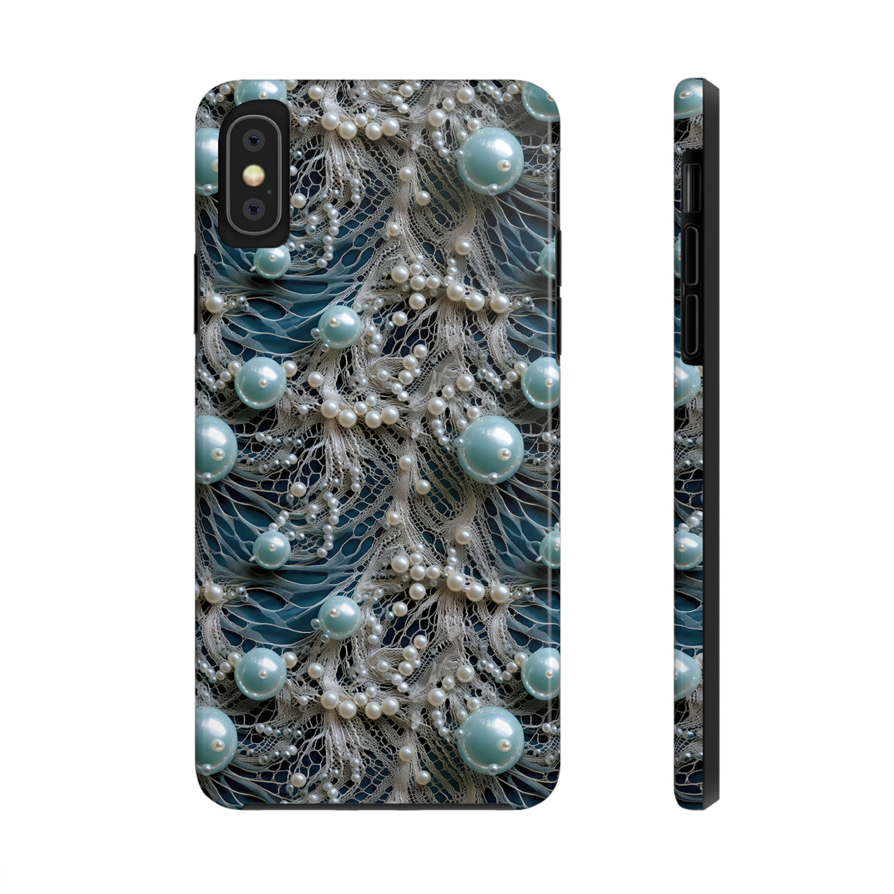 Sea Foam Lace and Pearls Tough Phone Cases for iPhone X, iPhone XR, iPhone XS, and iPhone XS MAX. Supports Wireless Charging.