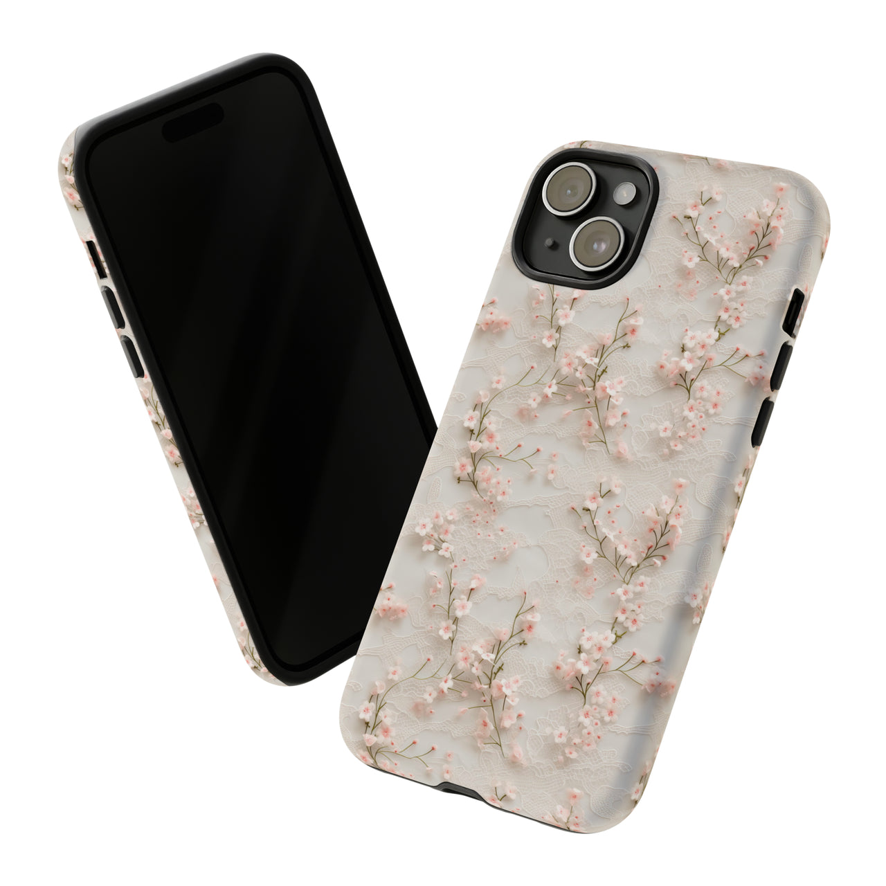 White Lace and Cherry Blossoms Tough Case for iPhone 15, iPhone 15 Pro, iPhone 15 Plus, and iPhone 15 Pro Max