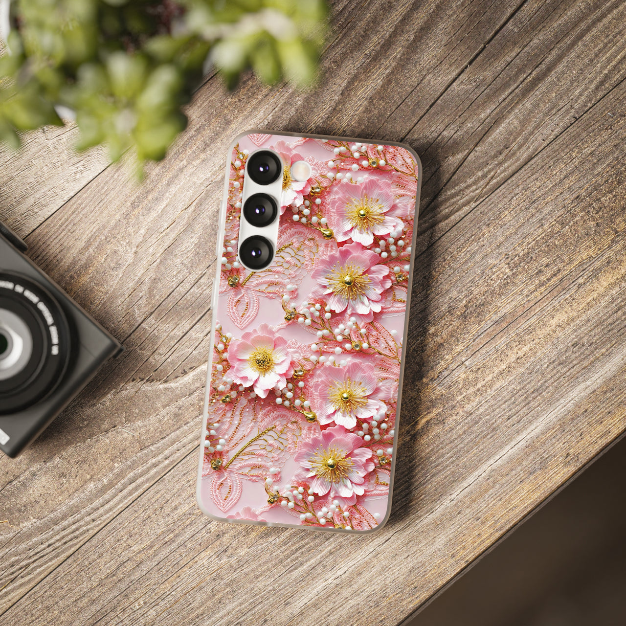 Gold-Kissed Flowers on Pink Lace - Flexi Cases for Samsung Galaxy S23, Samsung Galaxy S23 Plus, & Samsung Galaxy S23 Ultra