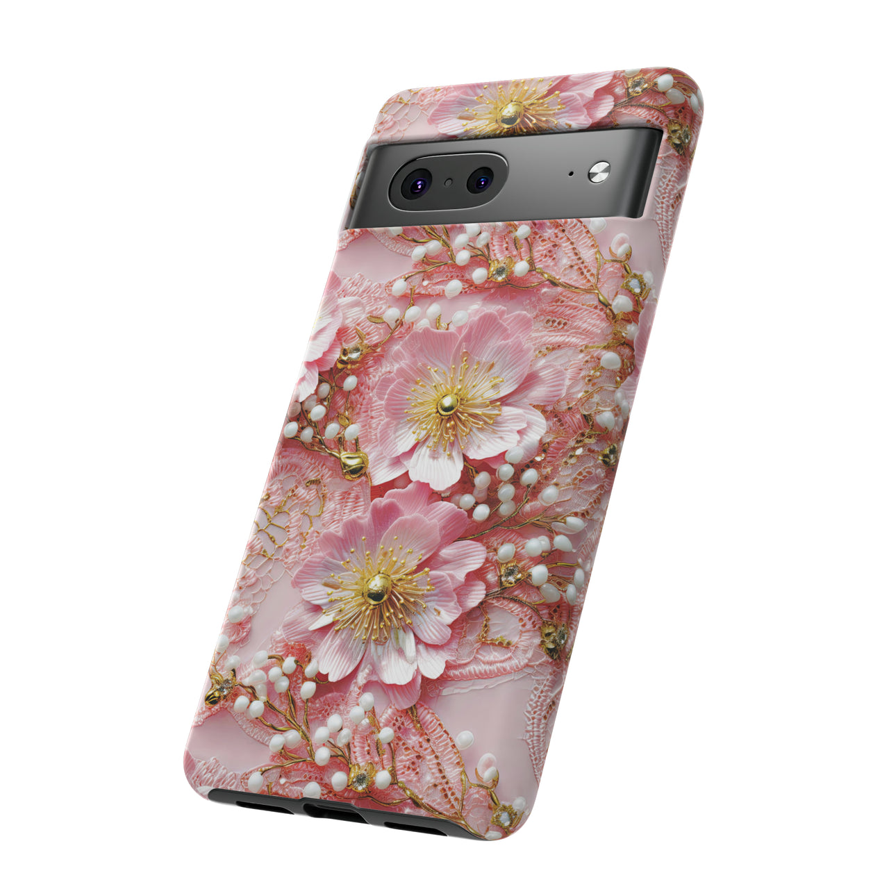 Gold-Kissed Flowers on Pink Lace - Tough Case for Google Pixel 7