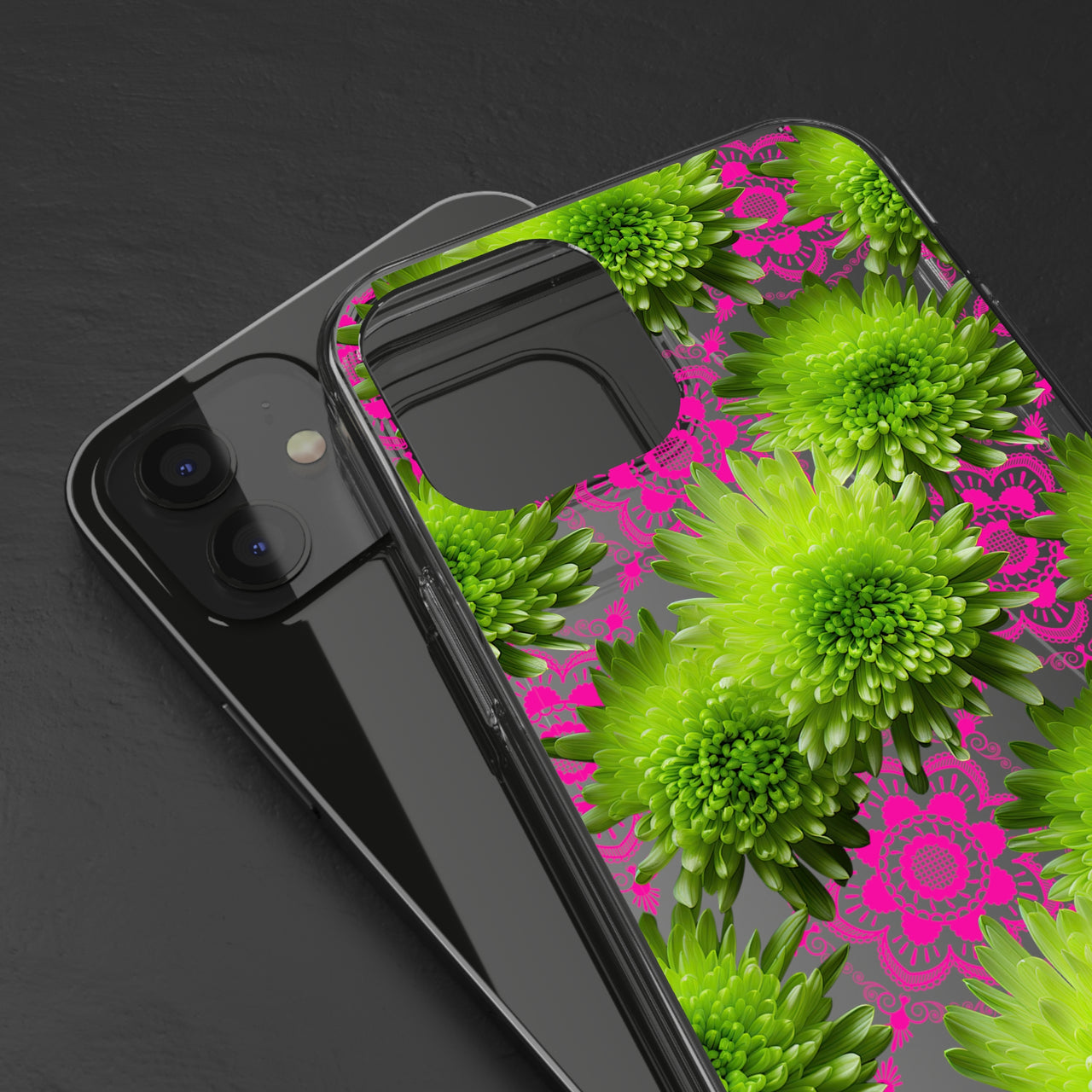 *Clear Case* Green Mums and Lace - iPhone 12, iPhone 12 Mini, iPhone 12 Pro, iPhone 12 Pro Max - Supports Wireless Charging