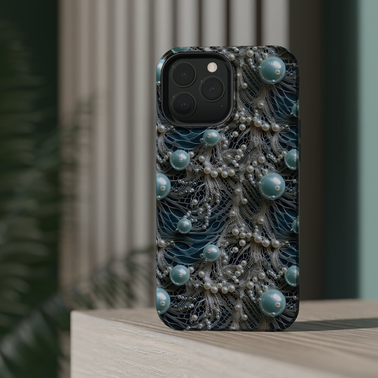 Sea Foam Lace and Pearls MagSafe Tough Cases for iPhone 13, iPhone 13 Mini, iPhone 13 Pro, and iPhone 13 Pro Max.