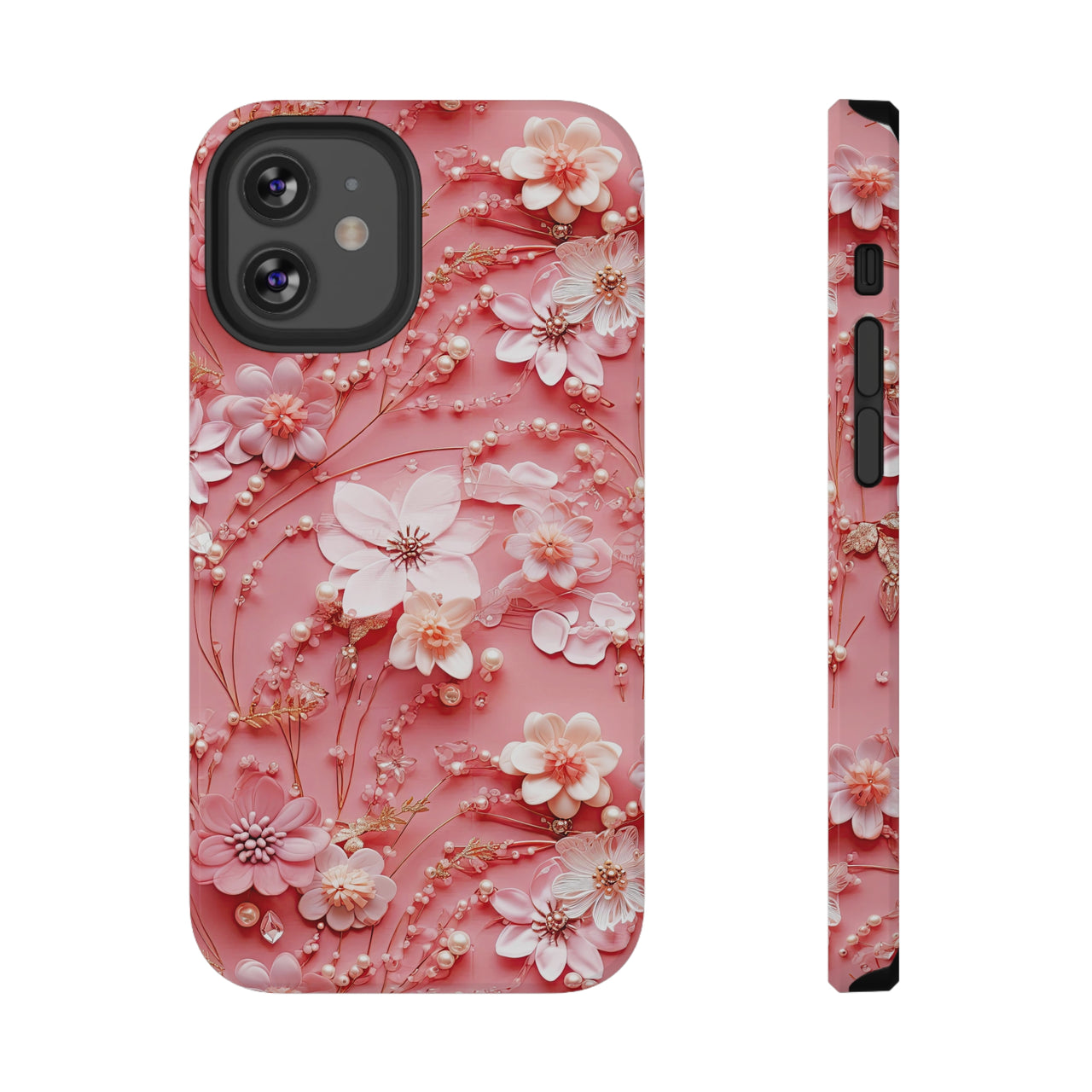 Floral Champagne Toast Impact-Resistant Case for iPhone 12, iPhone 12 Mini, iPhone 12 Pro, and iPhone 12 Pro Max. Supports Wireless Charging.