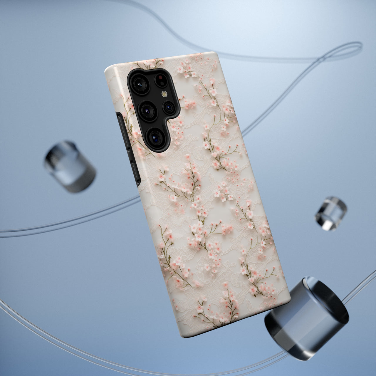 White Lace and Cherry Blossoms Impact-Resistant Cases for Samsung Galaxy S22, Samsung Galaxy S22 Plus, and Samsung Galaxy S22 Ultra. Supports Wireless Charging.