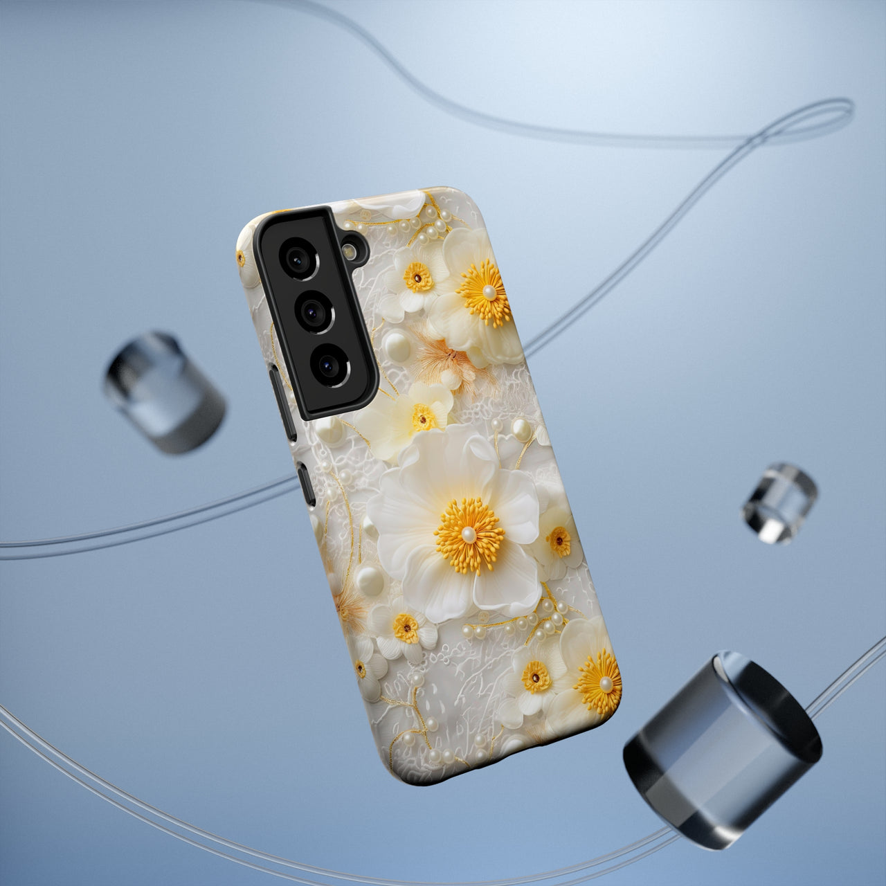 White and Yellow Floral Impact-Resistant Cases for Samsung Galaxy S22, Samsung Galaxy S22 Plus, and Samsung Galaxy S22 Ultra. Supports Wireless Charging.