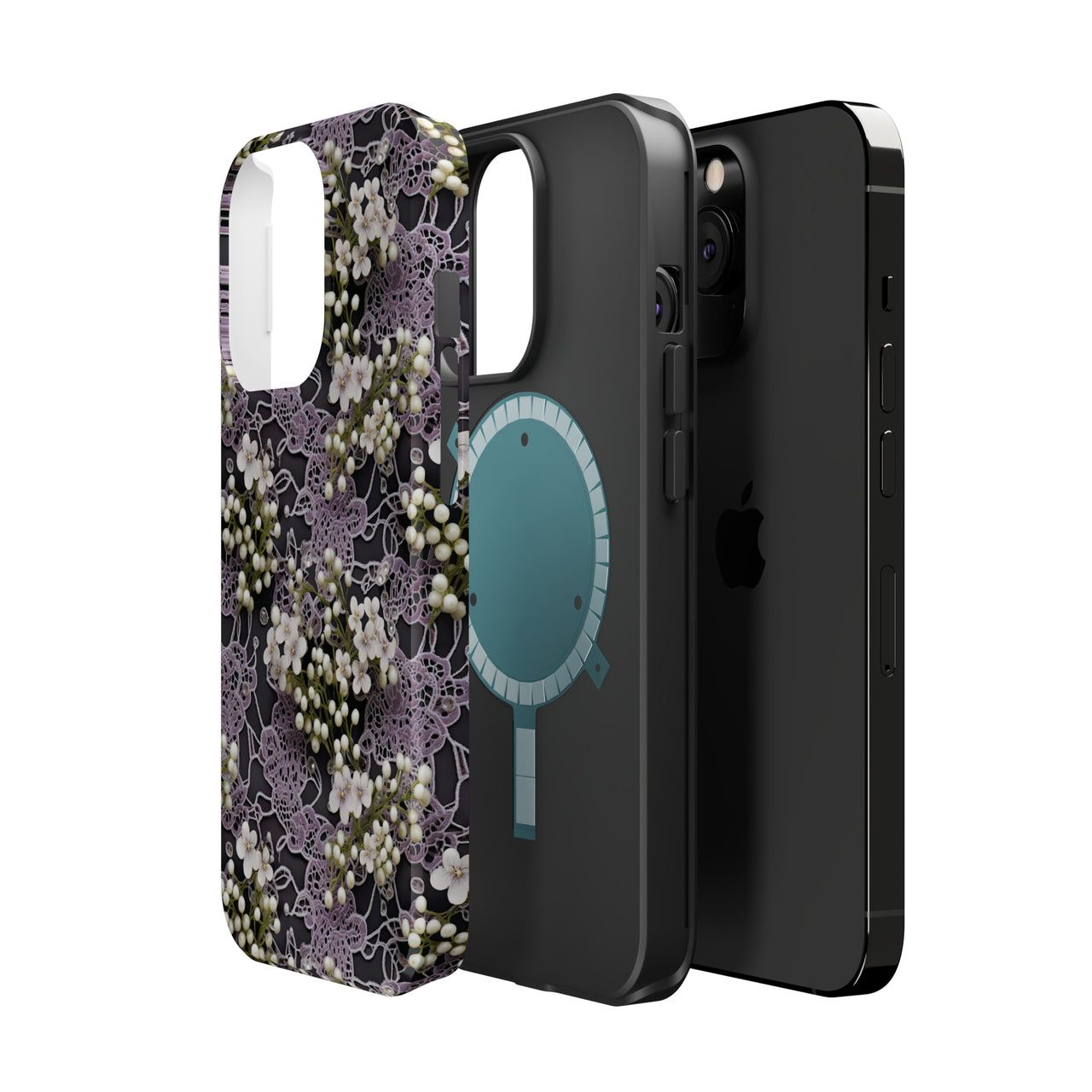 White Flowers on a Purple Bed - MagSafe Tough Cases for iPhone 13, iPhone 13 Mini, iPhone 13 Pro, and iPhone 13 Pro Max.