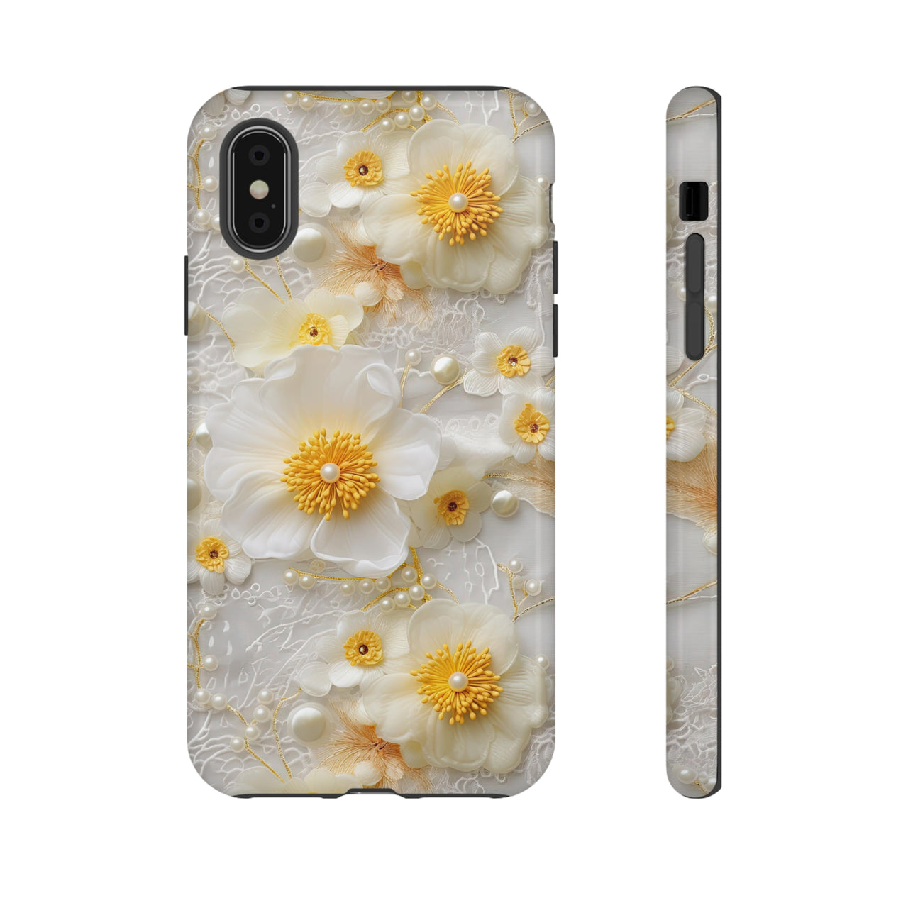 White and Yellow Floral Tough Cases for iPhone X, iPhone XR, iPhone XS, and iPhone XS MAX.