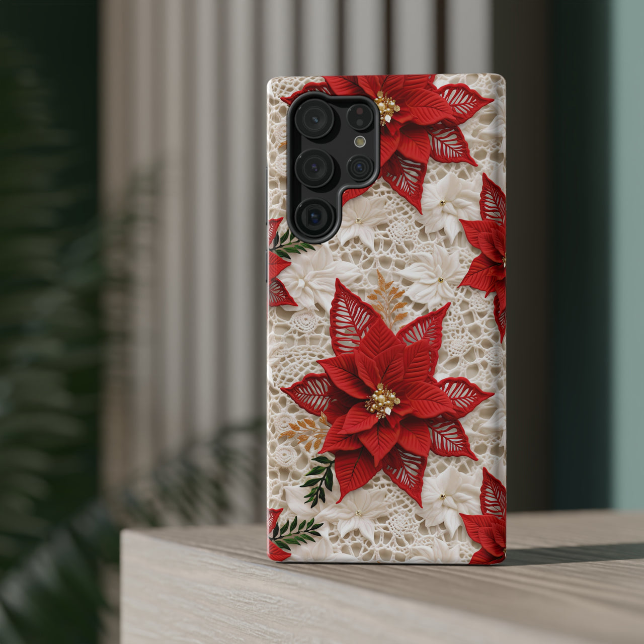 Christmas Poinsettia Impact-Resistant Cases for Samsung Galaxy S22, Samsung Galaxy S22 Plus, and Samsung Galaxy S22 Ultra. Supports Wireless Charging.