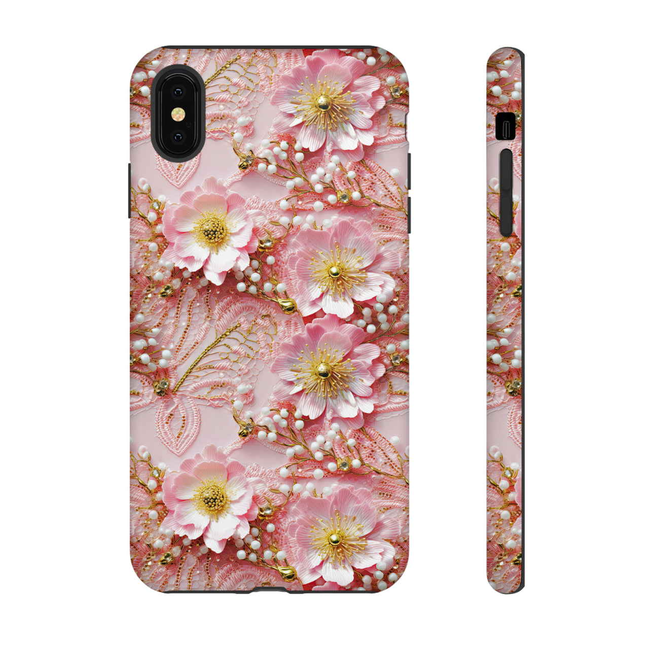 Gold-Kissed Flowers on Pink Lace - Tough Cases for iPhone X, iPhone XR, iPhone XS, and iPhone XS MAX