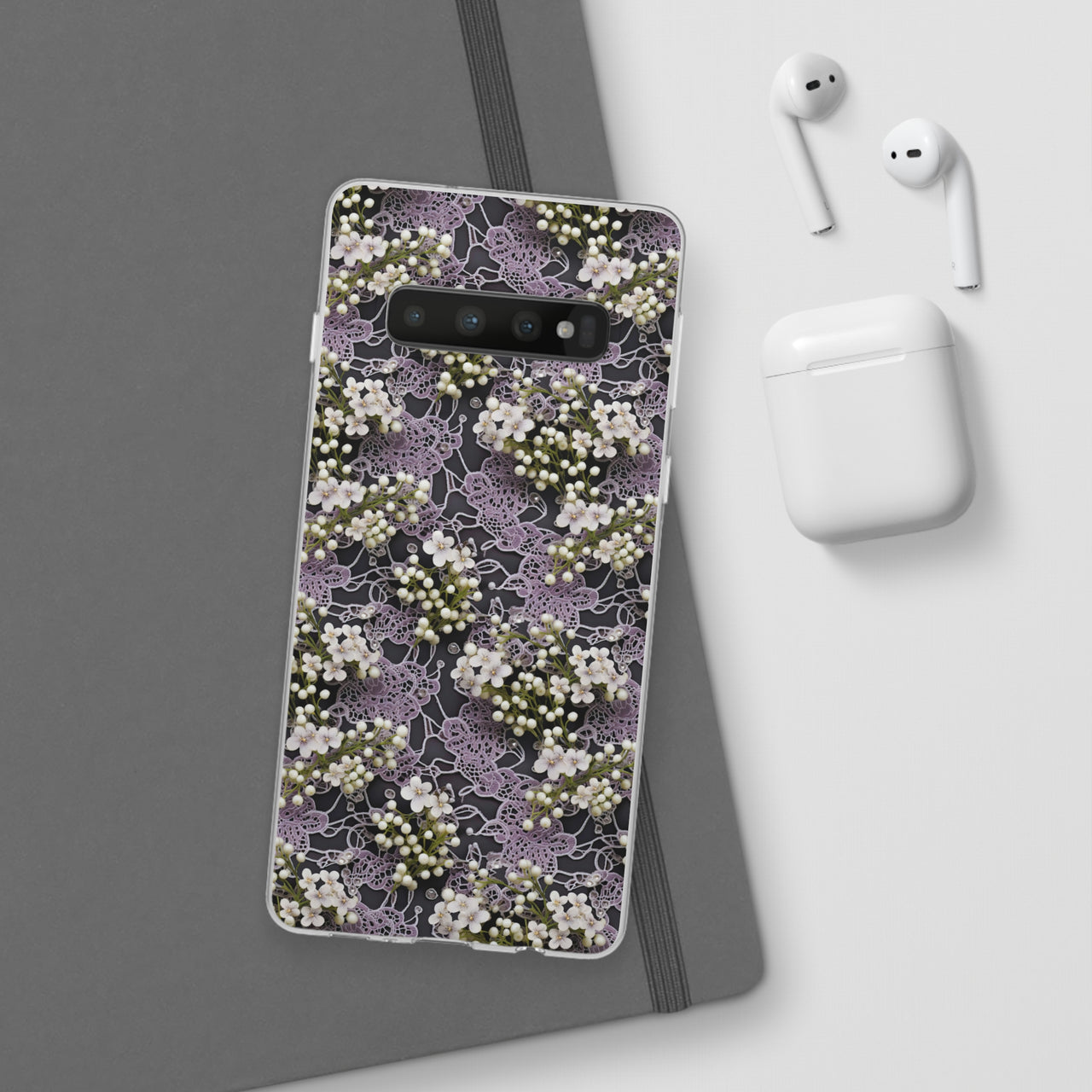 White Flowers on a Purple Bed - Flexi Cases for Samsung Galaxy S10, Samsung Galaxy S10E, & Samsung Galaxy S10 Plus