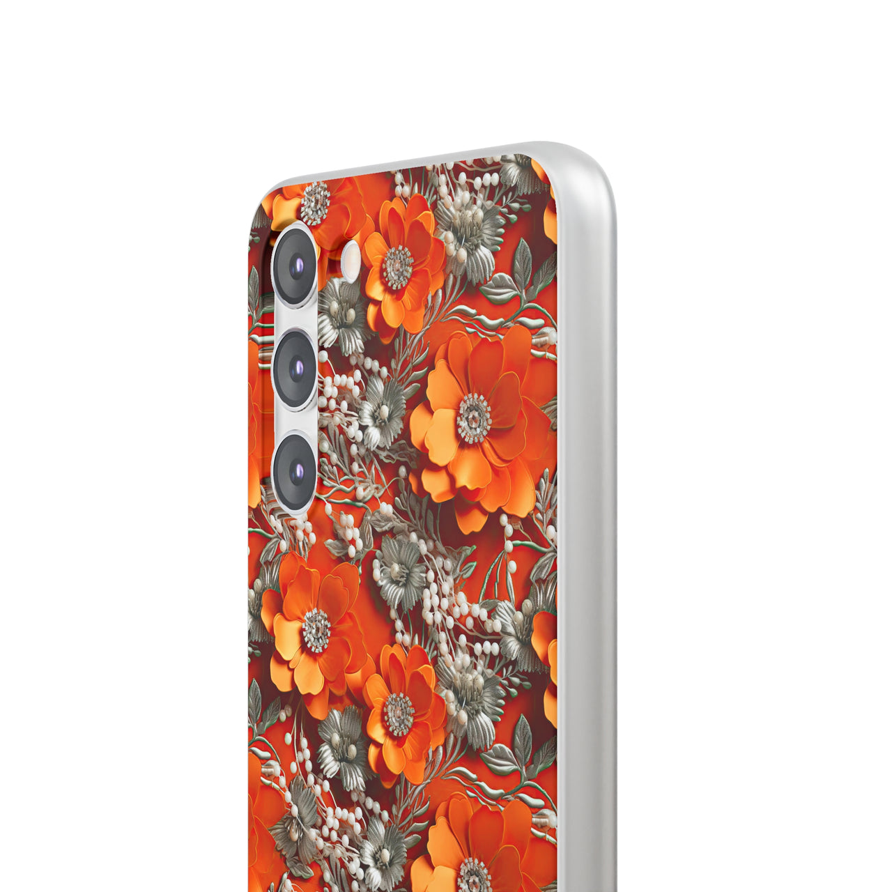 Orange Petals in Silver Tapestry - Flexi Cases for Samsung Galaxy S23, Samsung Galaxy S23 Plus, and Samsung Galaxy S23 Ultra