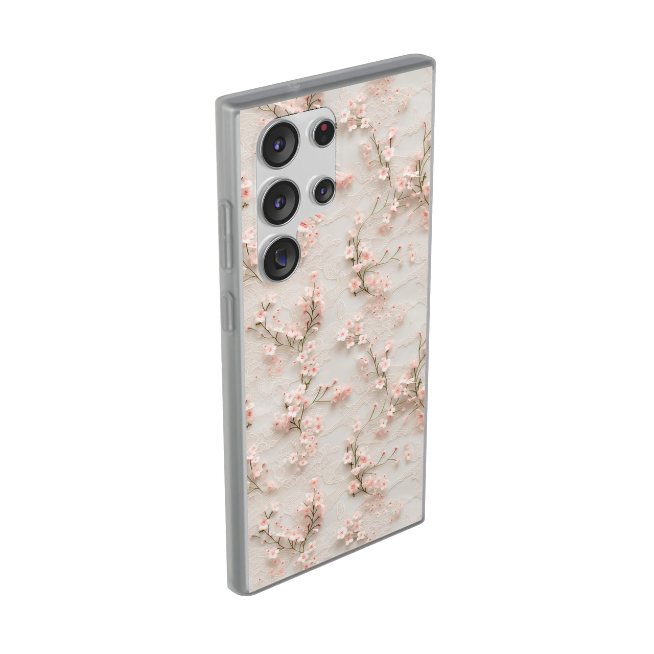 White Lace and Cherry Blossoms - Flexi Cases for Samsung Galaxy S23, Samsung Galaxy S23 Plus, and Samsung Galaxy S23 Ultra