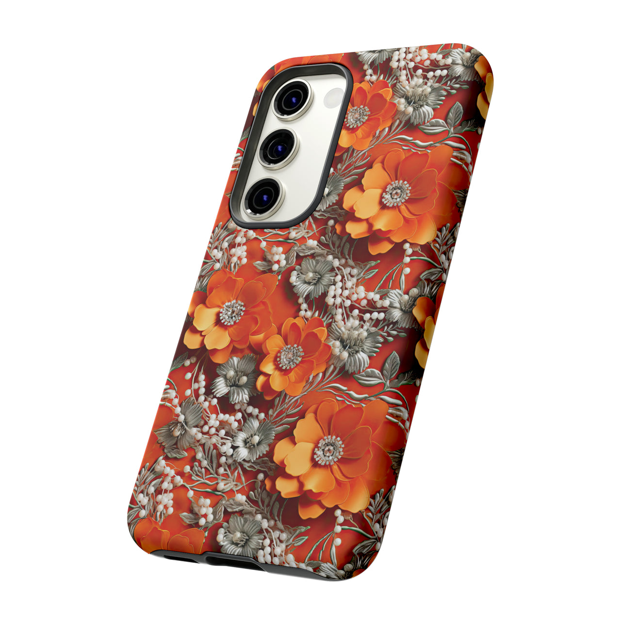 Orange Petals in Silver Tapestry Tough Case for Samsung Galaxy S23, Samsung Galaxy S23 Plus, and Samsung Galaxy S23 Ultra