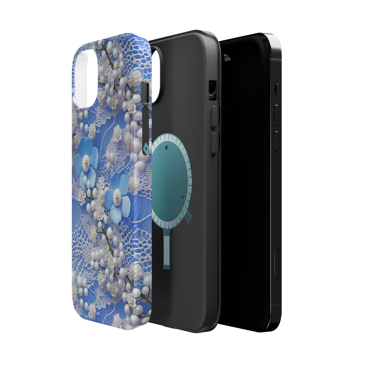 Pearls and Lace on Baby Blue - MagSafe Tough Cases for iPhone 14, iPhone 14 Pro, iPhone 14 Plus, and iPhone 14 Pro Max