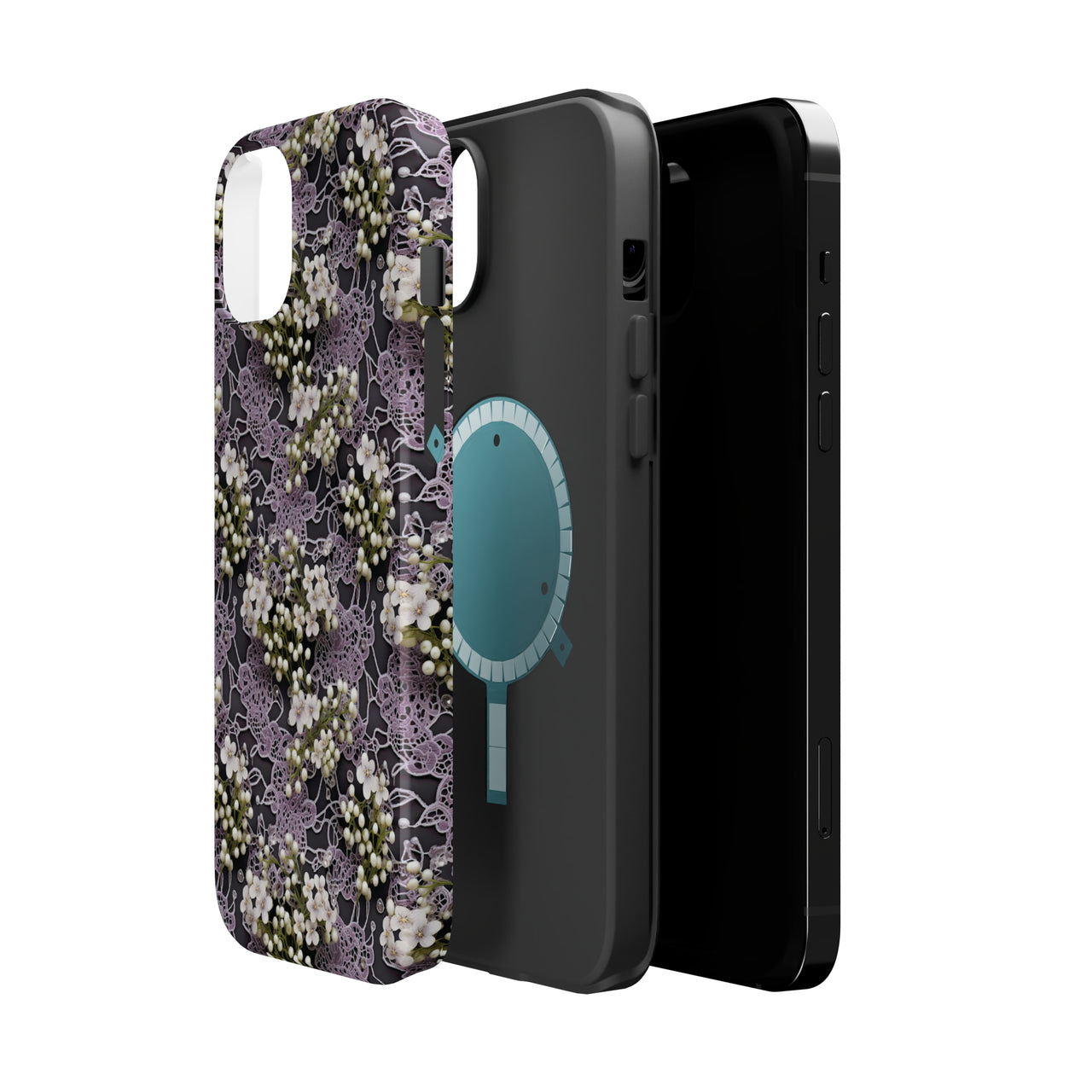 White Flowers on a Purple Bed - MagSafe Tough Cases for iPhone 14, iPhone 14 Pro, iPhone 14 Plus, and iPhone 14 Pro Max