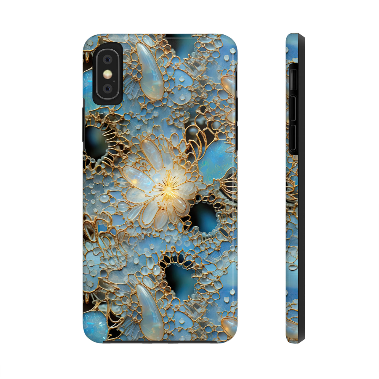 Gemstones and Gold Lace Tough Phone Cases for iPhone X, iPhone XR, iPhone XS, and iPhone XS MAX. Supports Wireless Charging.