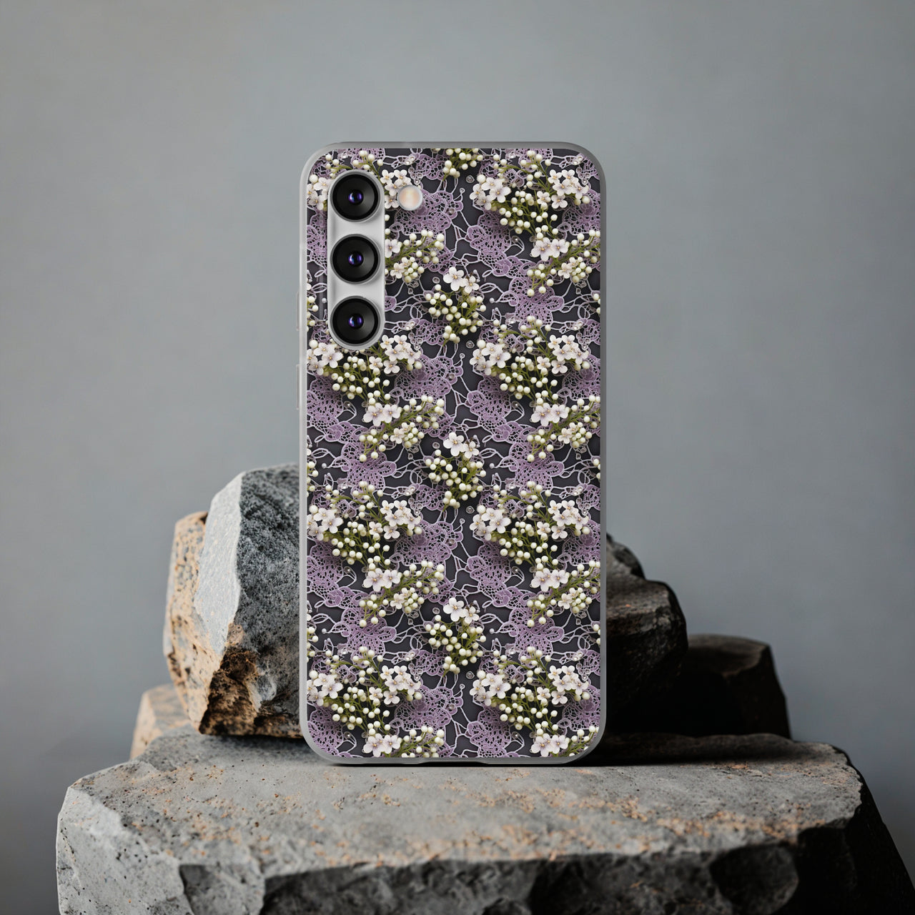 White Flowers on a Purple Bed - Flexi Cases for Samsung Galaxy S23, Samsung Galaxy S23 Plus, and Samsung Galaxy S23 Ultra