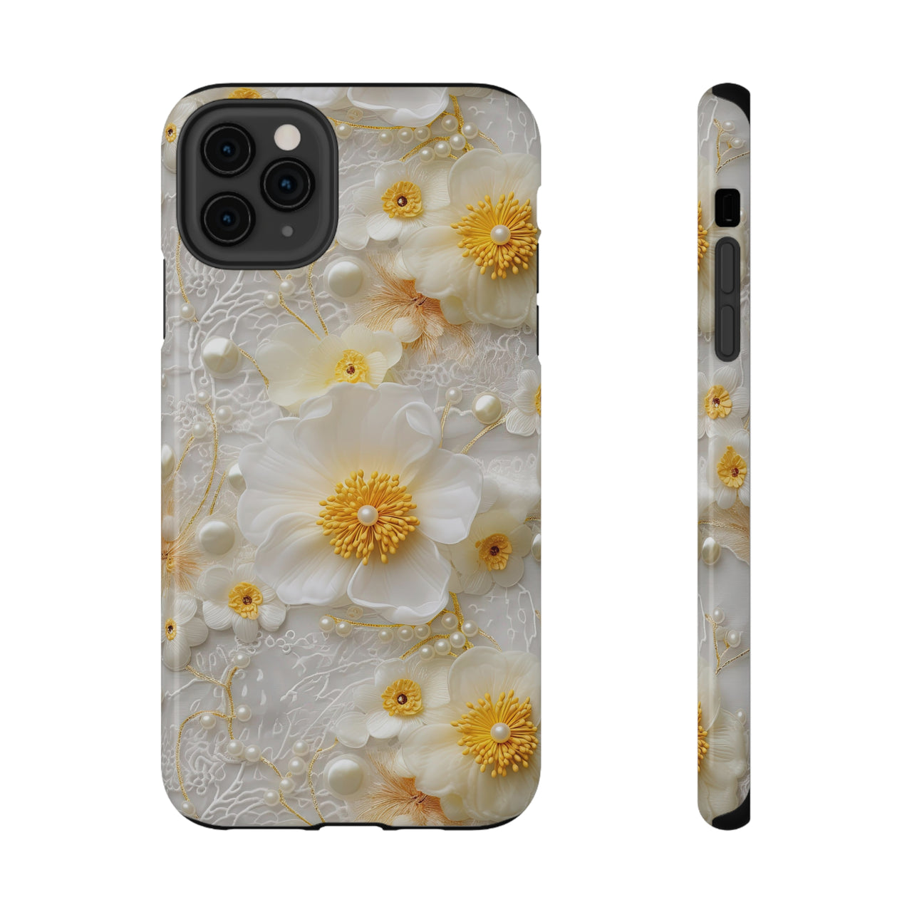 White and Yellow Floral Impact-Resistant Cases for iPhone 11, iPhone 11 Pro, and iPhone 11 Pro Max. Supports Wireless Charging.