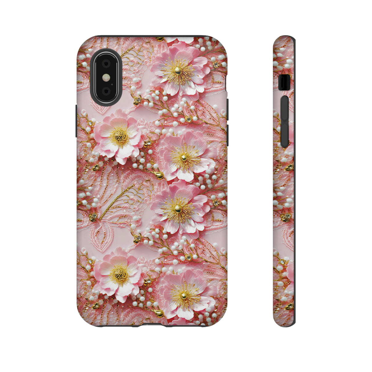 Gold-Kissed Flowers on Pink Lace - Tough Cases for iPhone X, iPhone XR, iPhone XS, and iPhone XS MAX