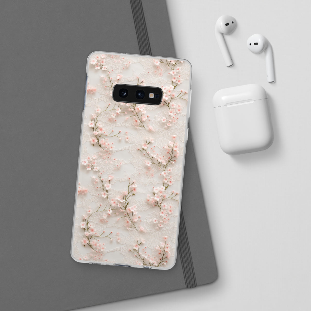 White Lace and Cherry Blossoms - Flexi Cases for Samsung Galaxy S10, Samsung Galaxy S10E, & Samsung Galaxy S10 Plus