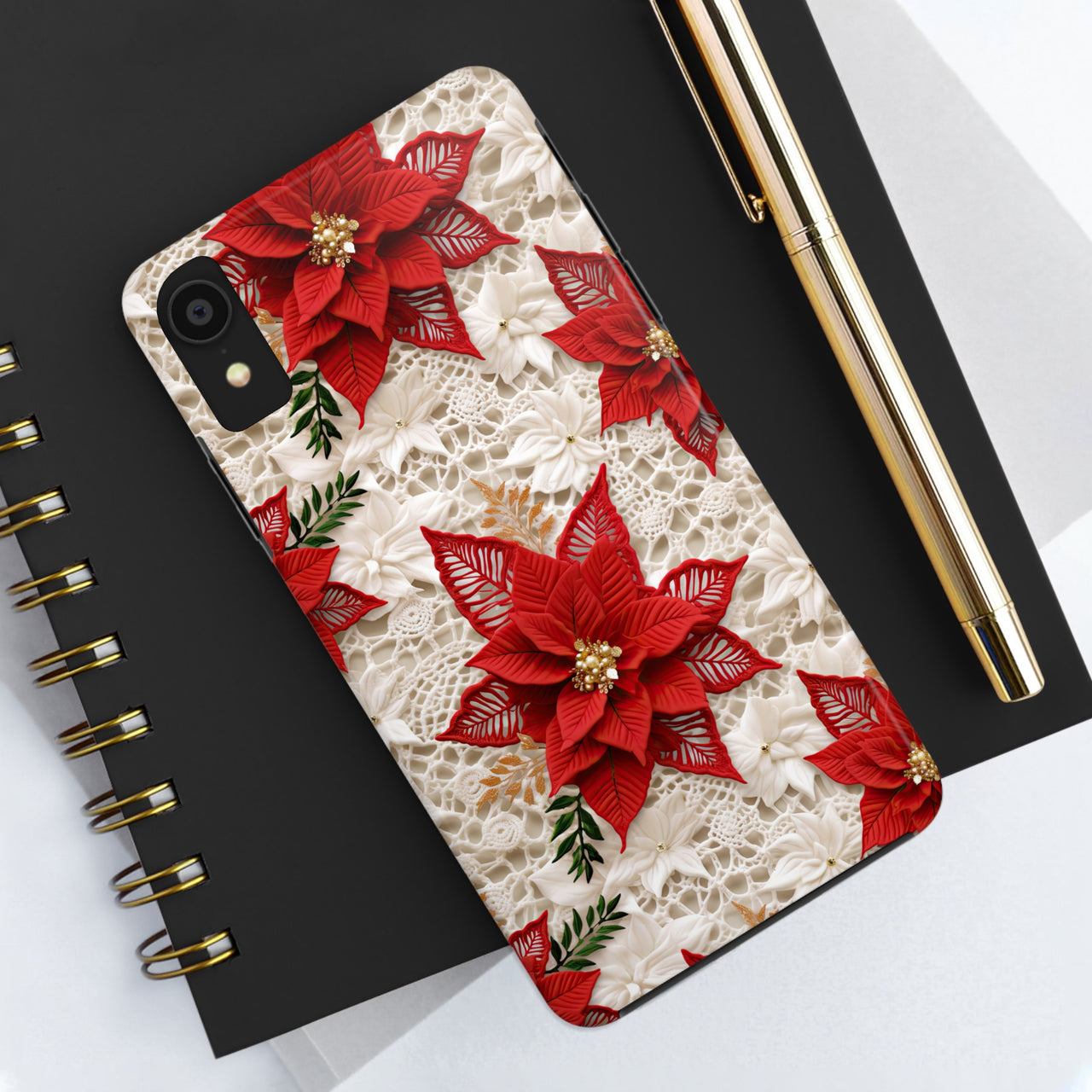 Christmas Poinsettia Tough Phone Cases for iPhone X, iPhone XR, iPhone XS, and iPhone XS MAX. Supports Wireless Charging.