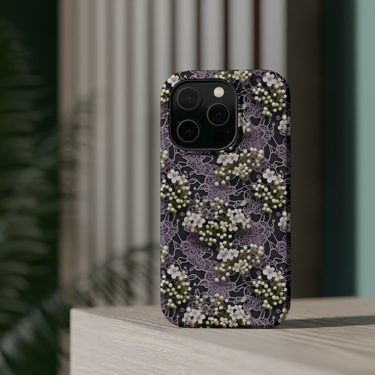 White Flowers on a Purple Bed - MagSafe Tough Cases for iPhone 14, iPhone 14 Pro, iPhone 14 Plus, and iPhone 14 Pro Max