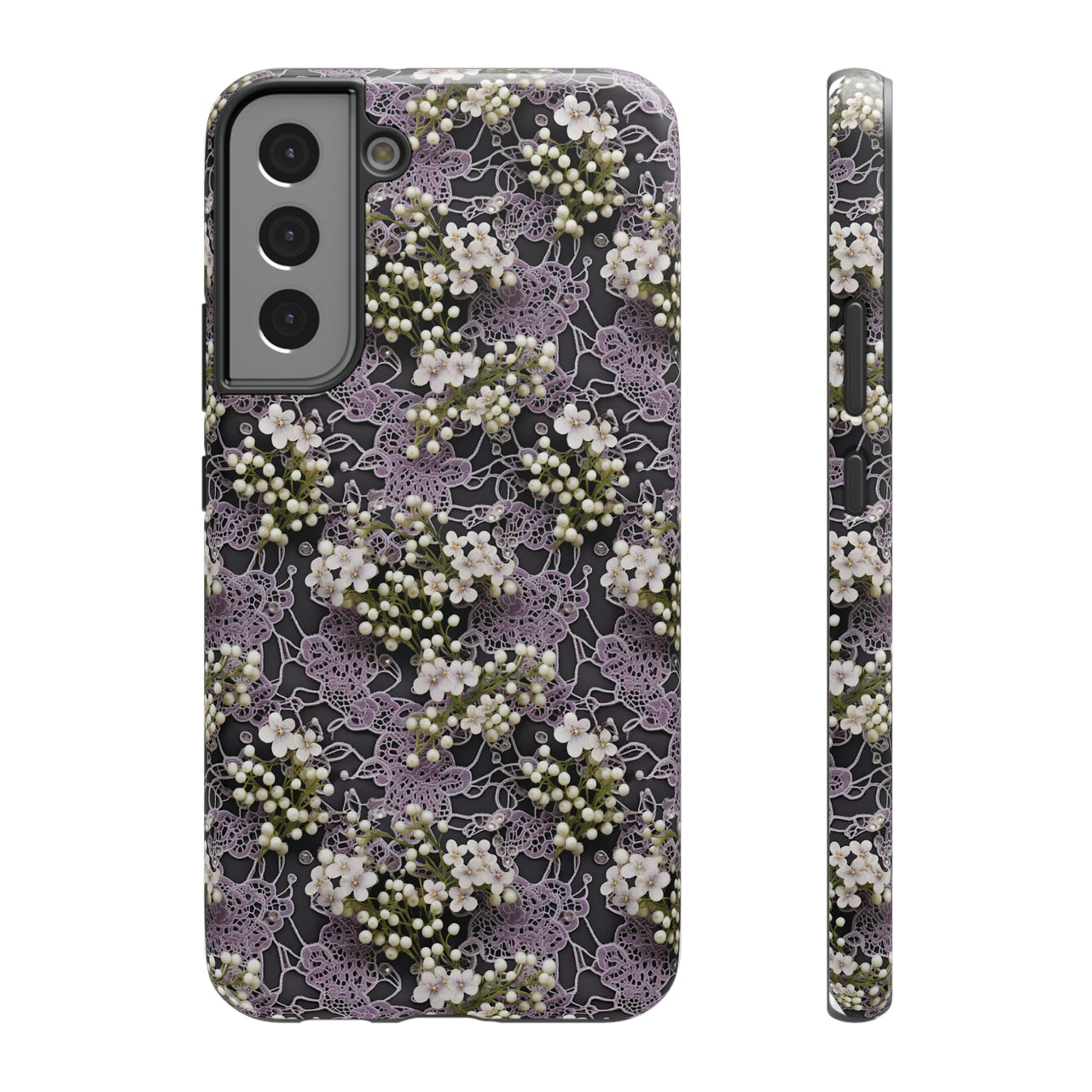 White Flowers on a Purple Bed - Impact-Resistant Case for Samsung Galaxy S22, Samsung Galaxy S22 Plus, and Samsung Galaxy S22 Ultra. Supports Wireless Charging.