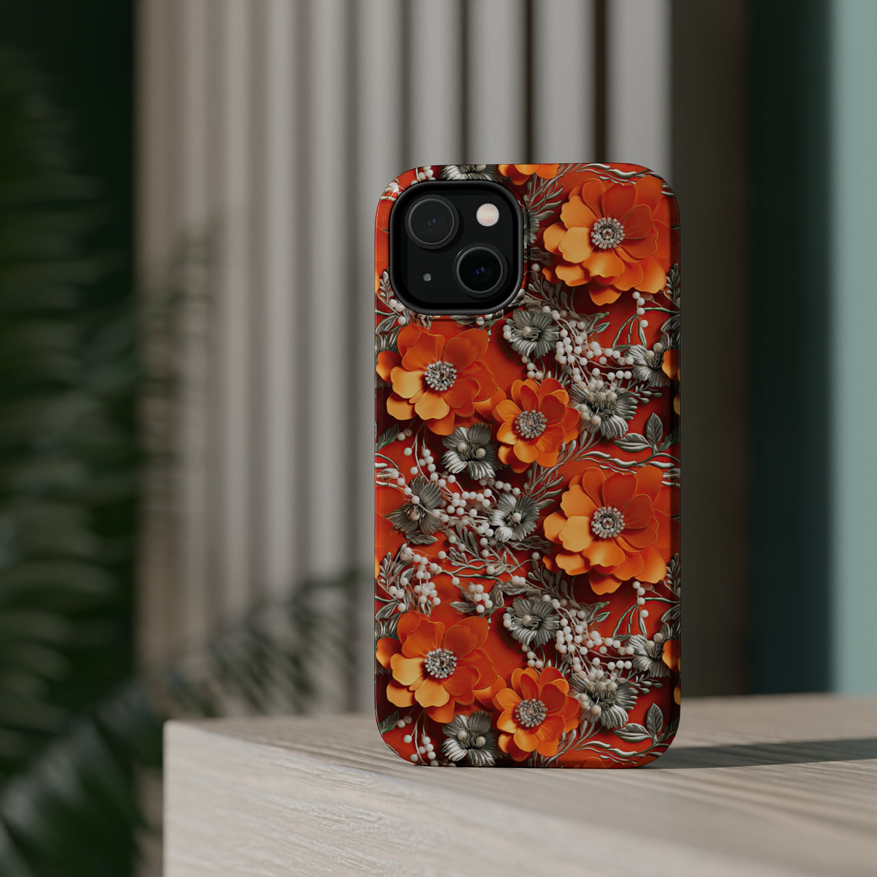 Orange Petals in Silver Tapestry MagSafe Tough Cases for iPhone 14, iPhone 14 Pro, iPhone 14 Plus, and iPhone 14 Pro Max