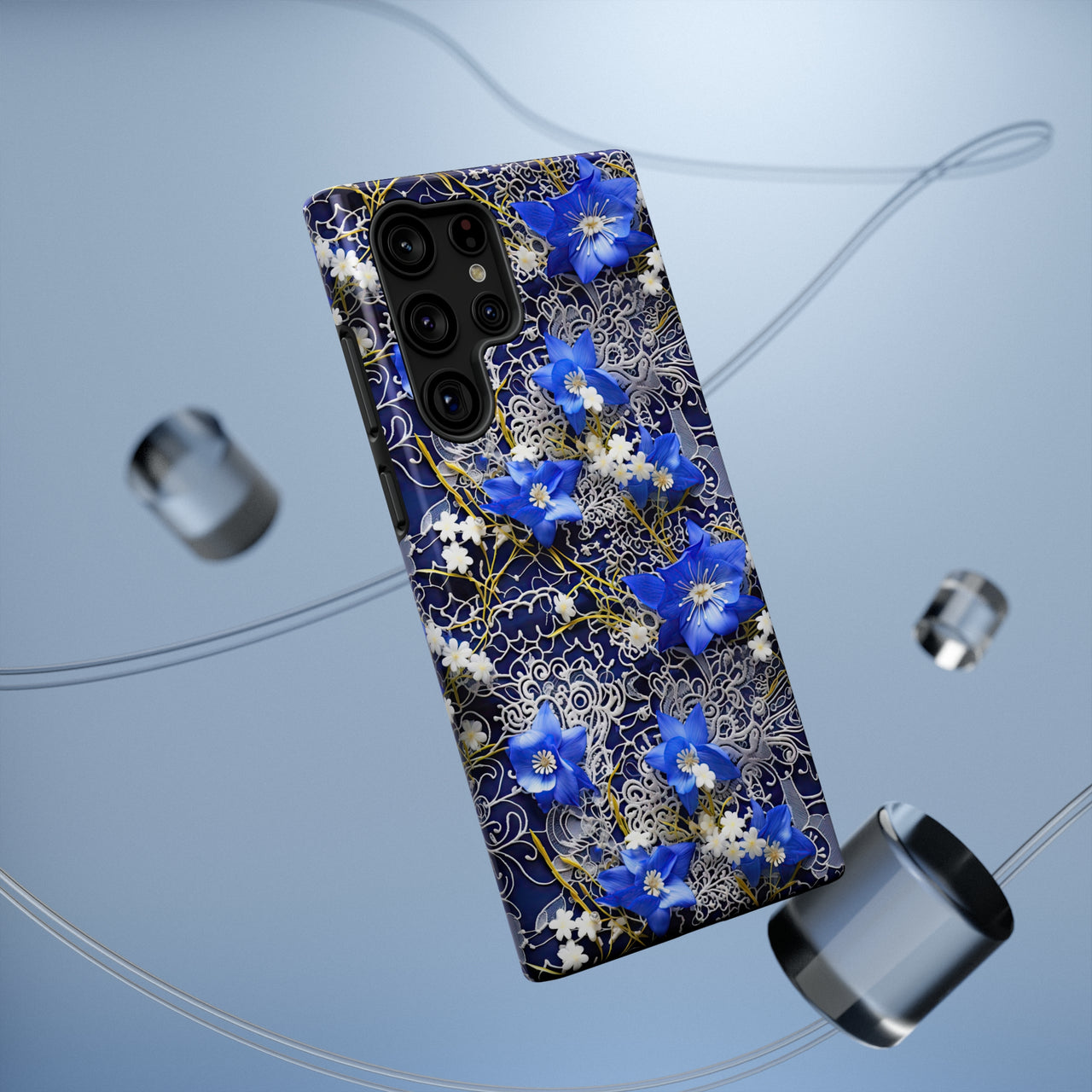 Cerulean Elegance Impact-Resistant Case for Samsung Galaxy S22, Samsung Galaxy S22 Plus, and Samsung Galaxy S22 Ultra. Supports Wireless Charging.