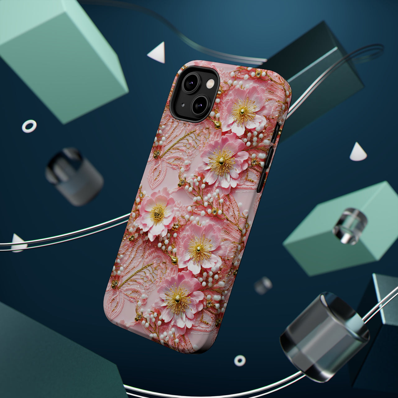 Gold-Kissed Flowers on Pink Lace - MagSafe Tough Case for iPhone 14, iPhone 14 Pro, iPhone 14 Plus, and iPhone 14 Pro Max